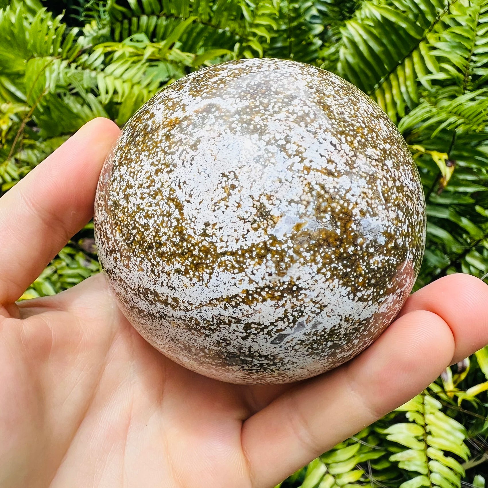 Open-palm view of Ocean Jasper stone, shown for shape and scale.