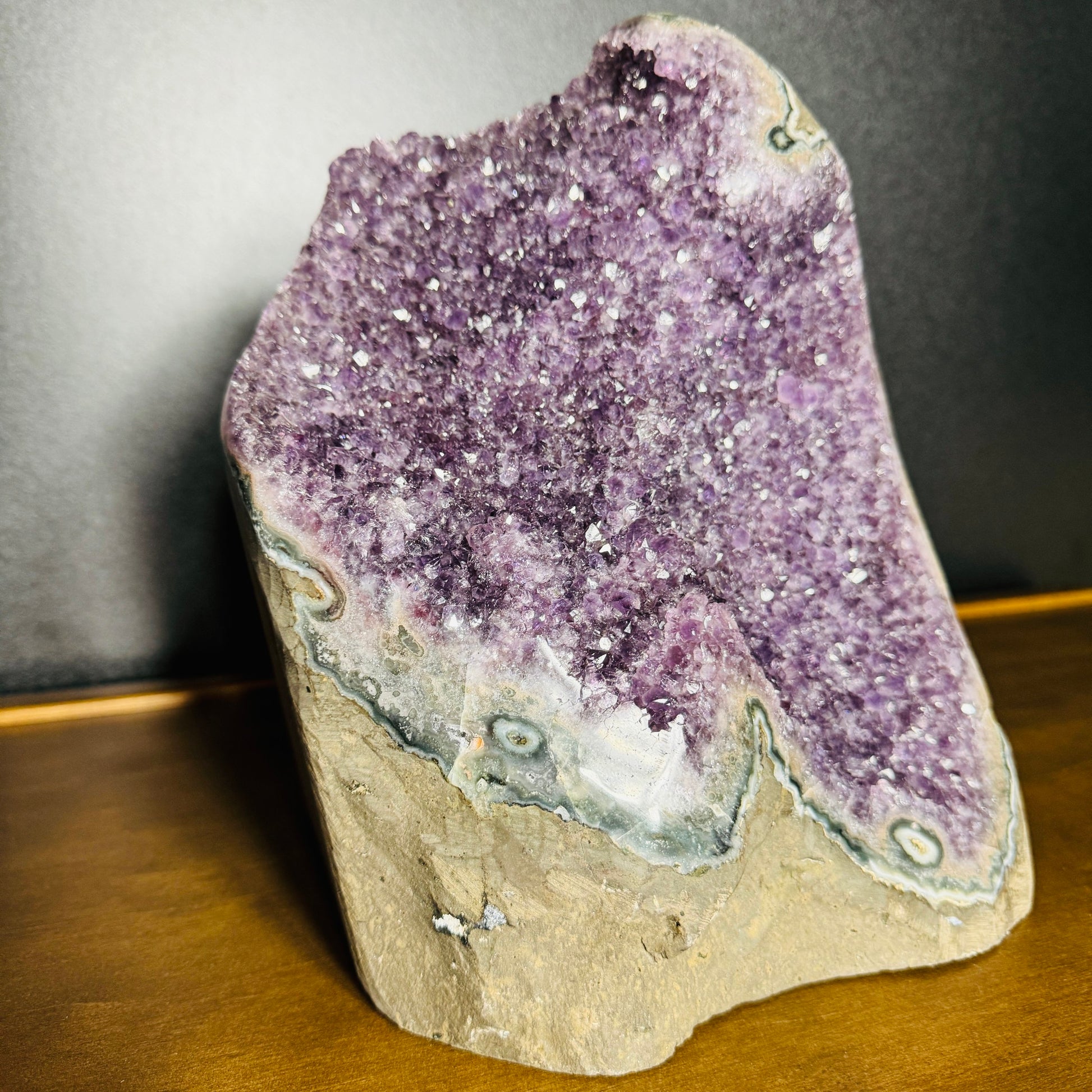 Top angle of Grade AA purple Amethyst raw geode, from Uruguay.