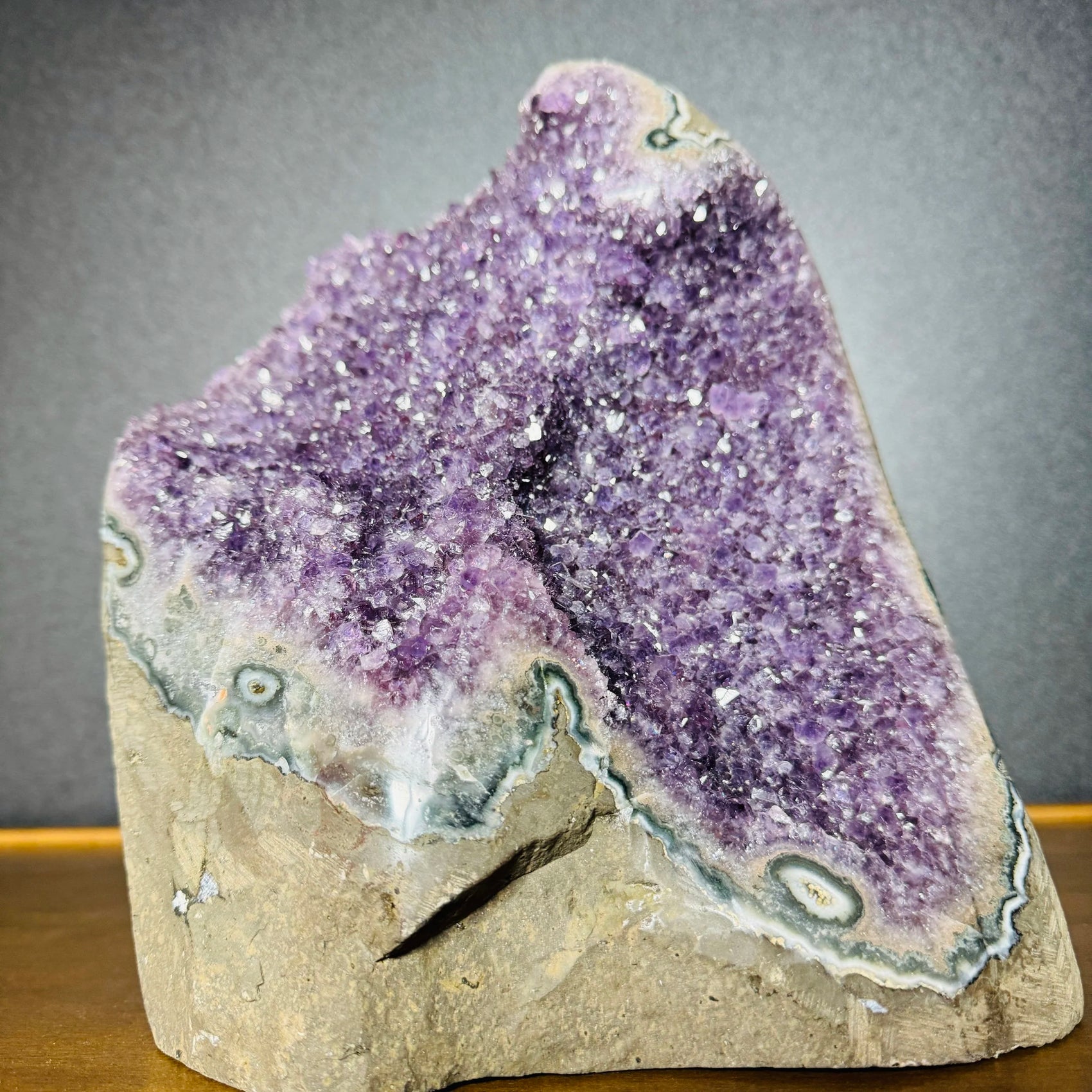 Magnified detail of Amethyst raw geode, showing raw matrix, Uruguay-sourced.