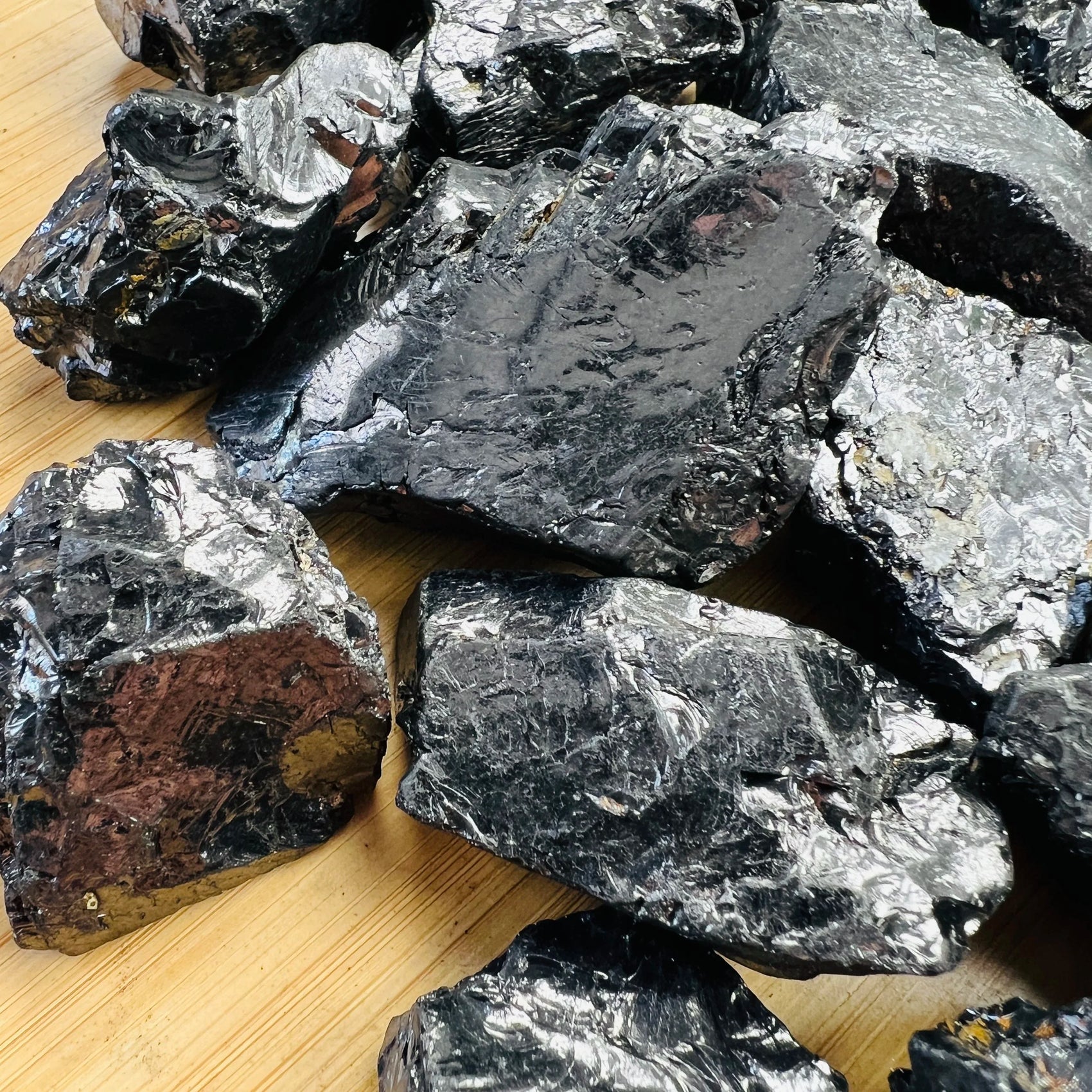 Top angle of Shungite raw stone, showing characteristic color.