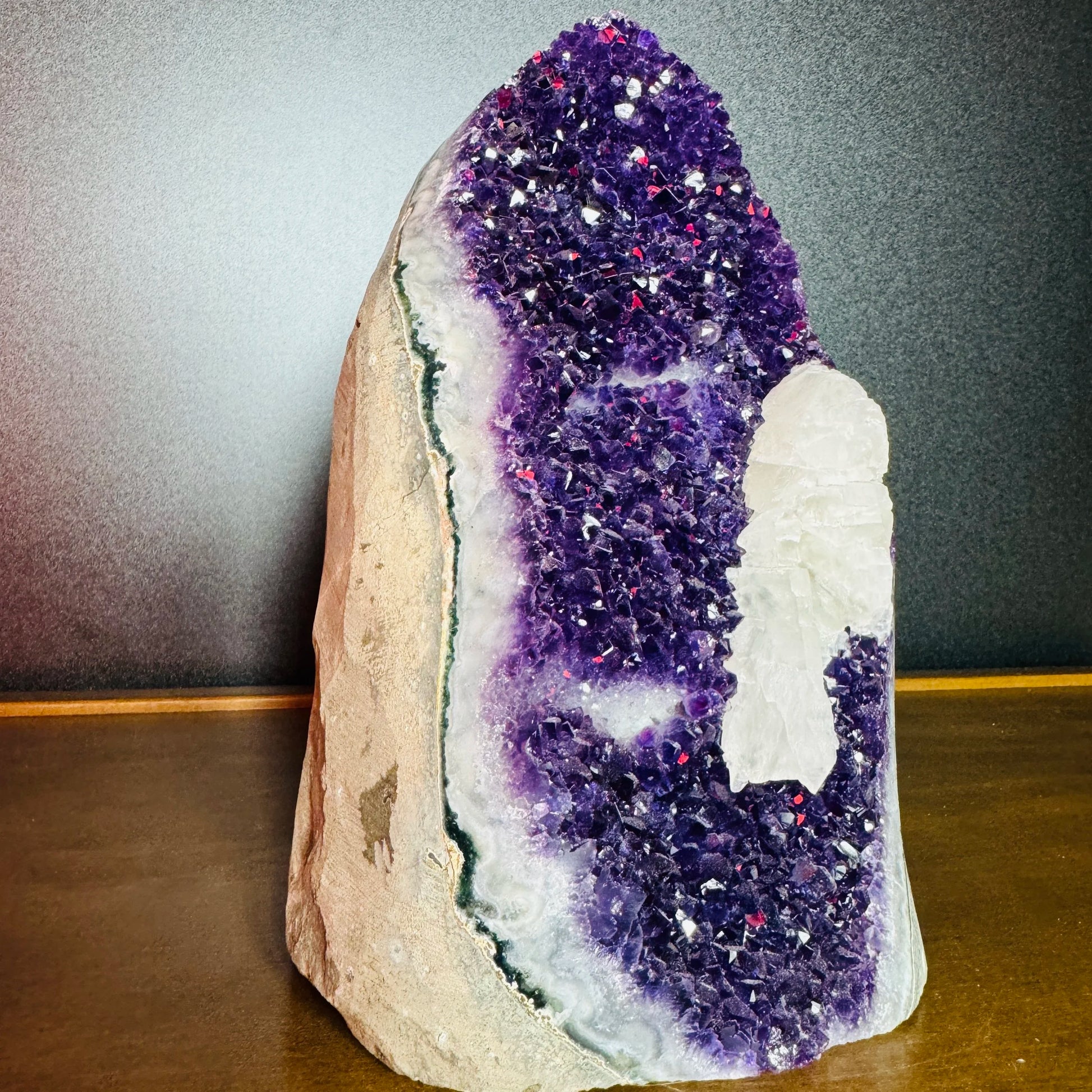 Edge view of Amethyst raw geode, sourced from Uruguay.