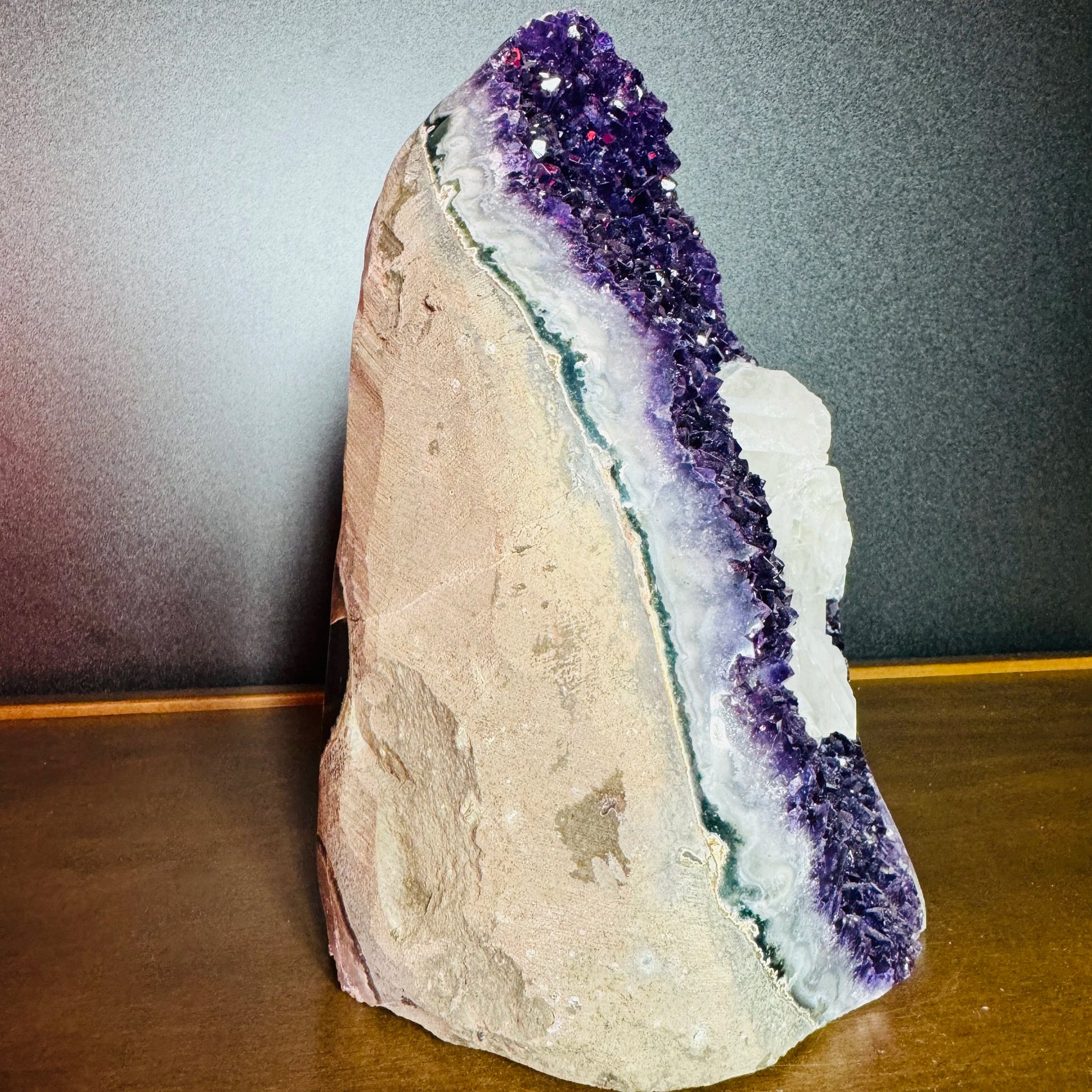 Plan view of Amethyst raw geode, often worked with for Stress Relief, Uruguay-sourced.