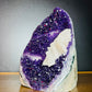 Palm-scale view of a Amethyst raw geode held against natural backdrop.
