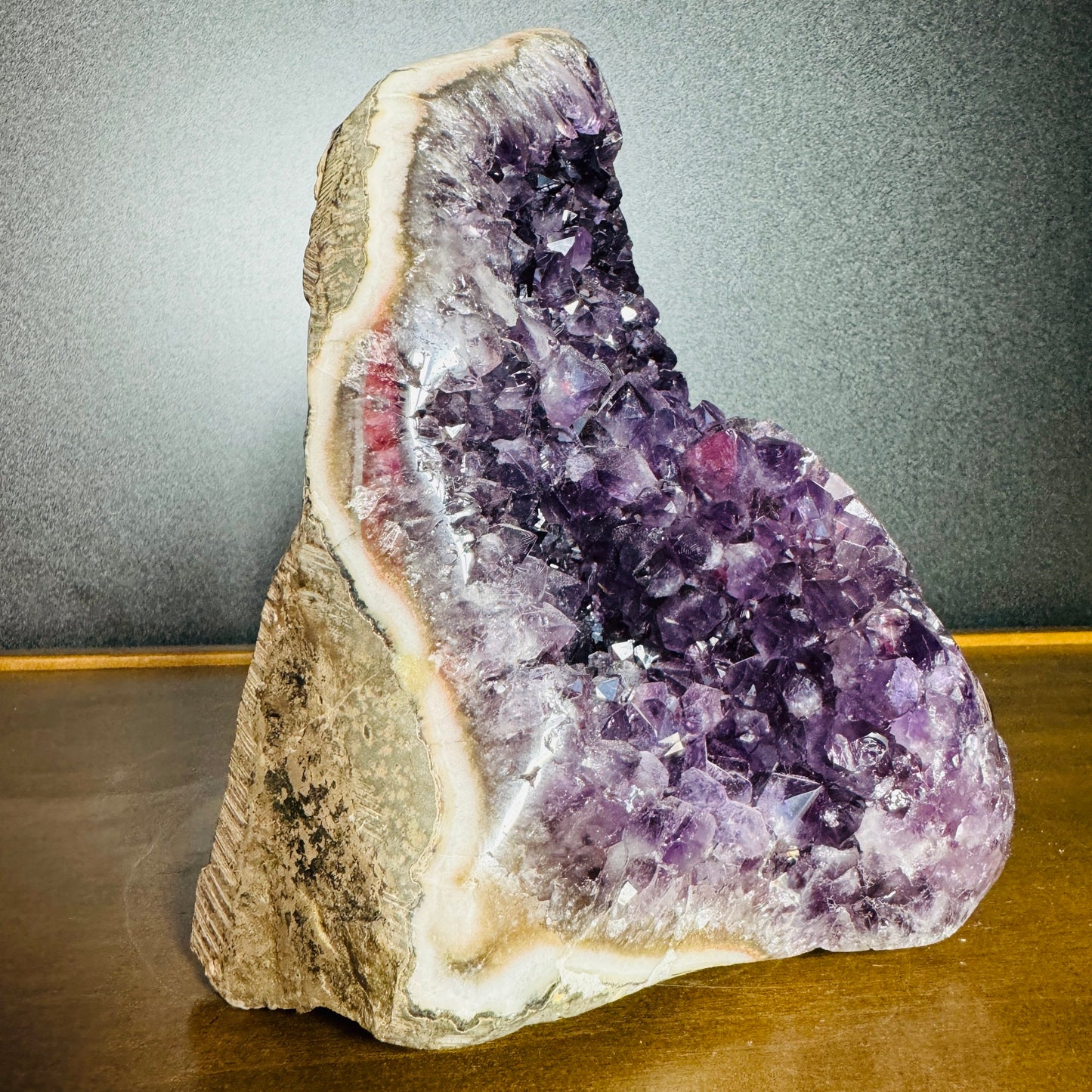 Top angle of purple Amethyst raw geode, showing subtle veining, from Artigas, Uruguay.
