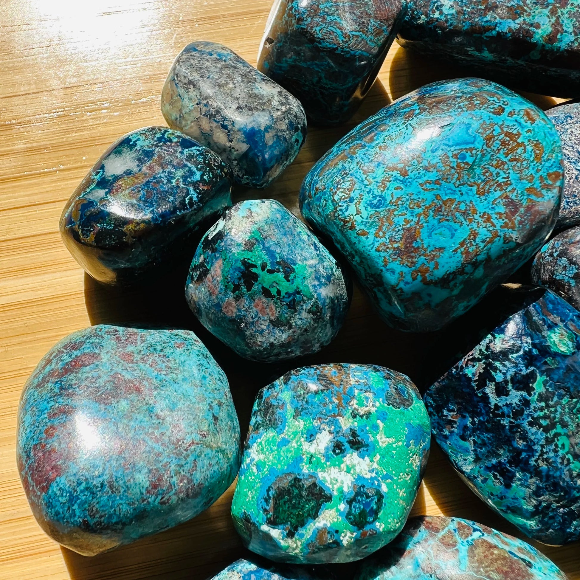 Full profile of Grade AA Azurite tumbled stone ready to ship from Beyond Bohemian