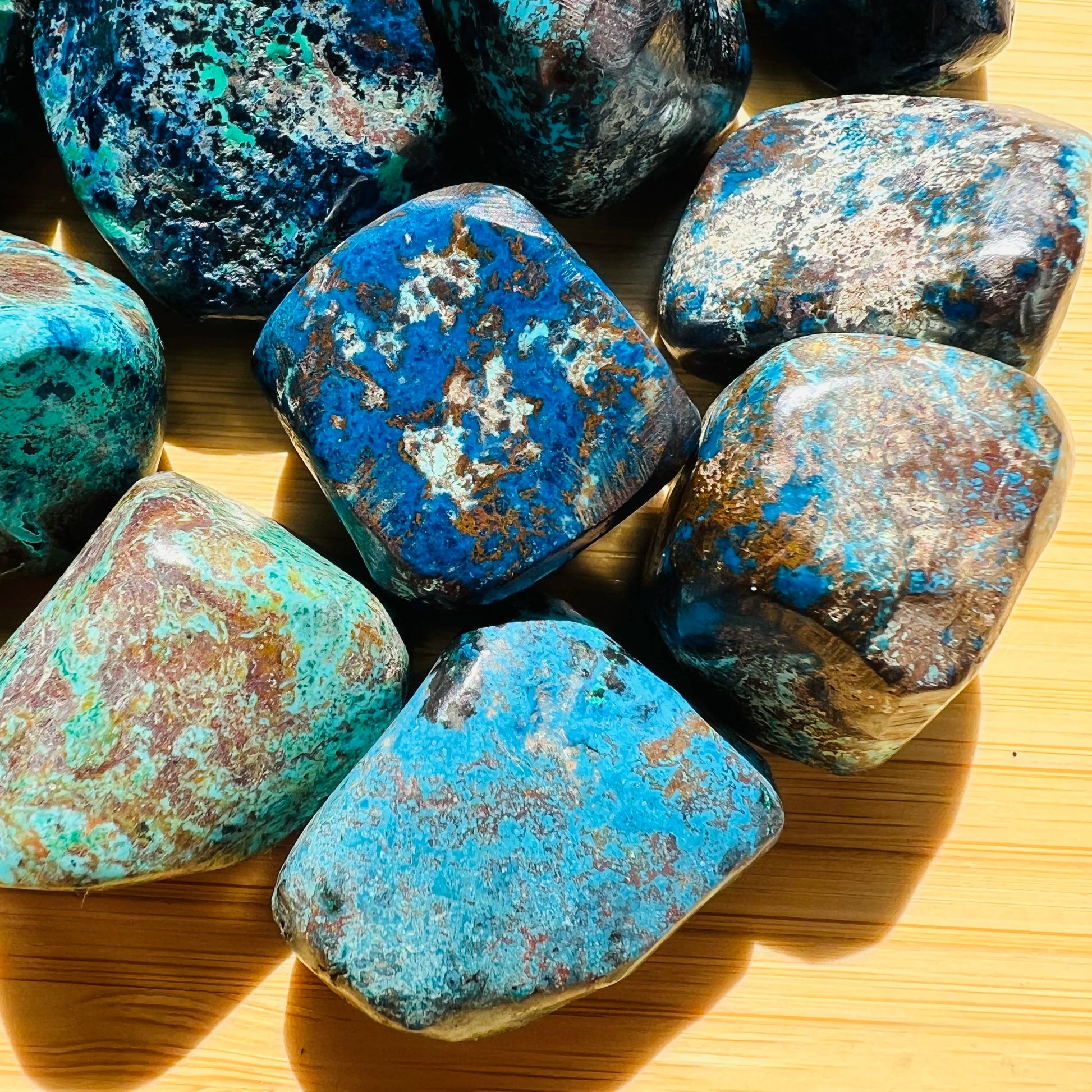 Full profile of Grade AA Azurite tumbled stone ready to ship from Beyond Bohemian