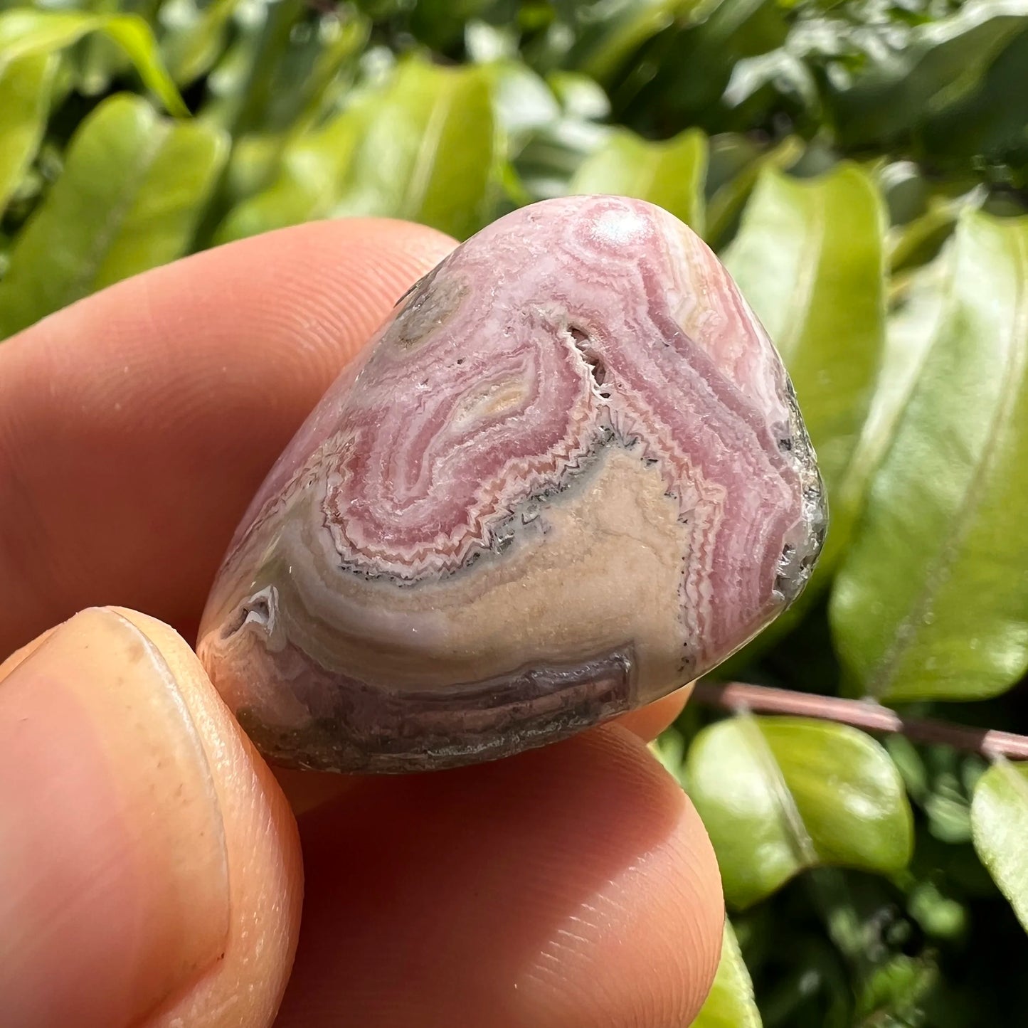 Full profile of Grade A Rhodochrosite tumbled stone ready to ship from Beyond Bohemian