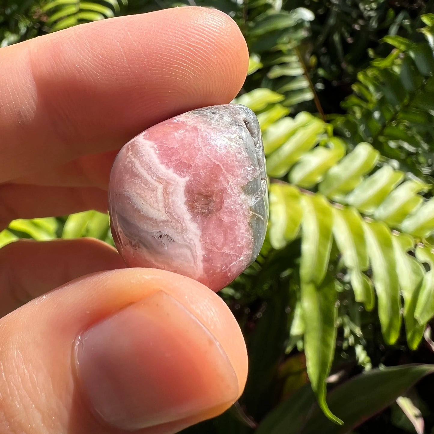 Full profile of Grade A Rhodochrosite tumbled stone ready to ship from Beyond Bohemian