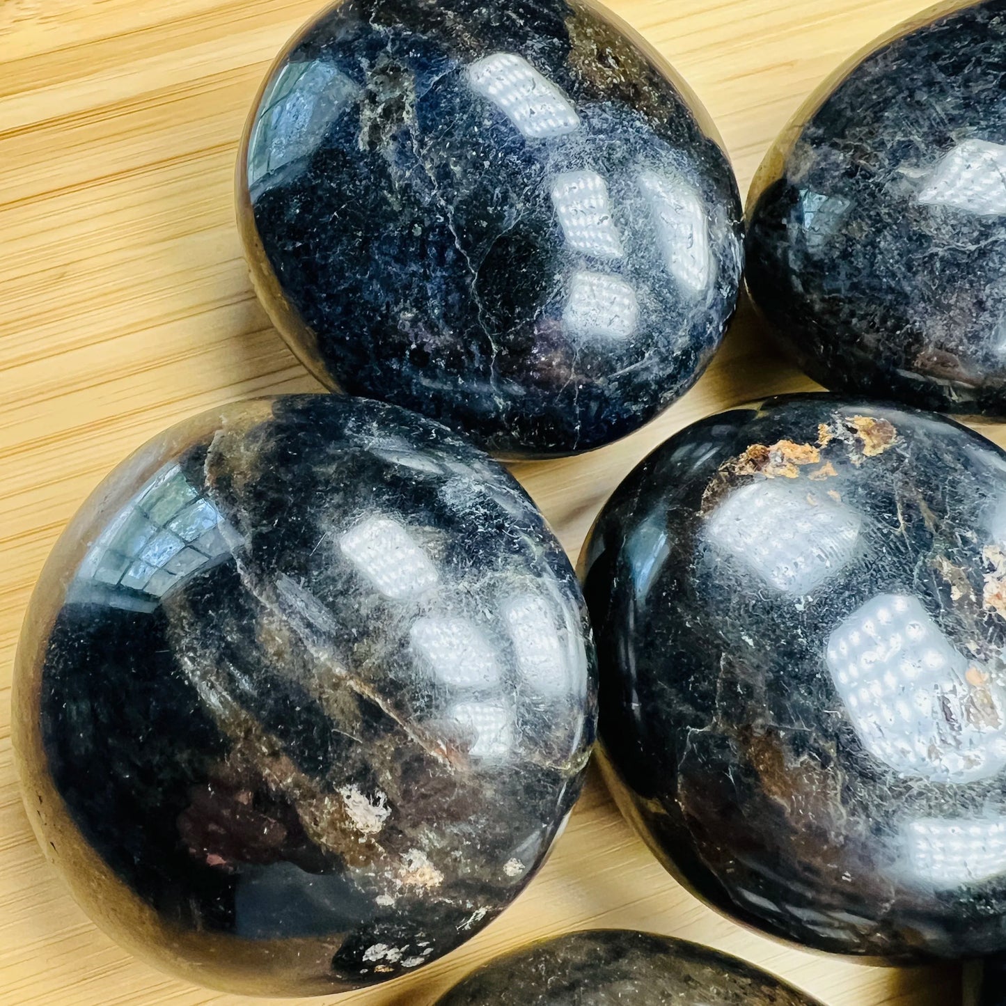 Bird's-eye view of Iolite palm stone, showing characteristic color.