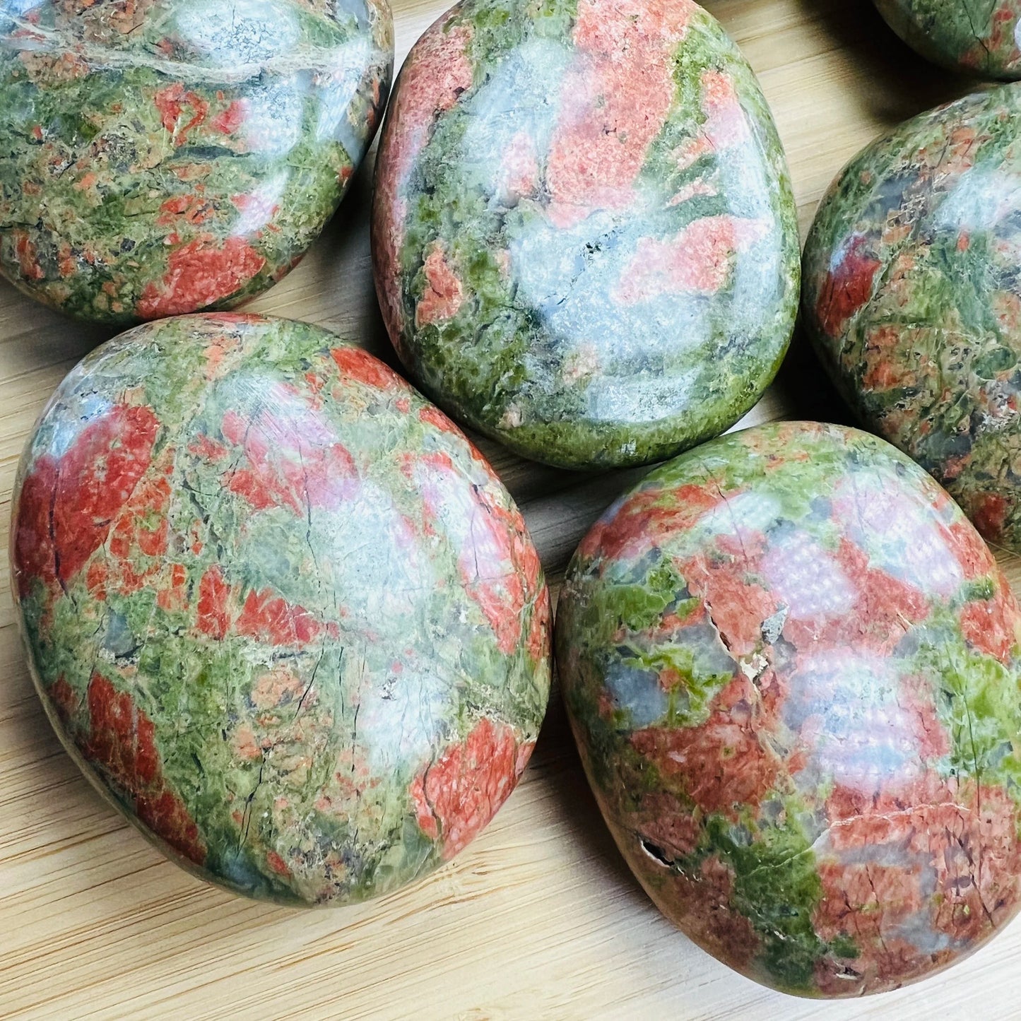 Detail shot showing Unakite palm stone, from Northern Cape, South Africa.