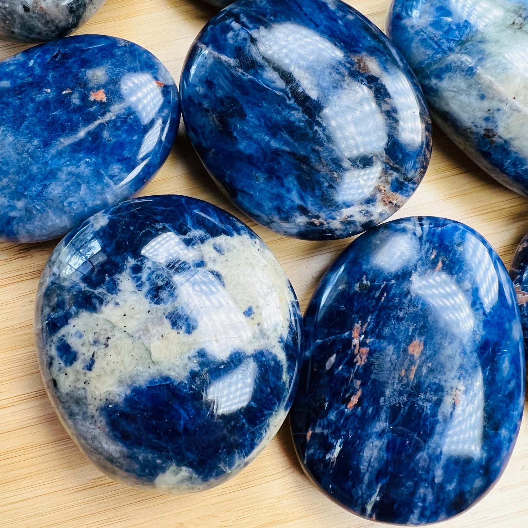 Texture-level view of Sodalite palm stone, carried for Focus, showing characteristic color.