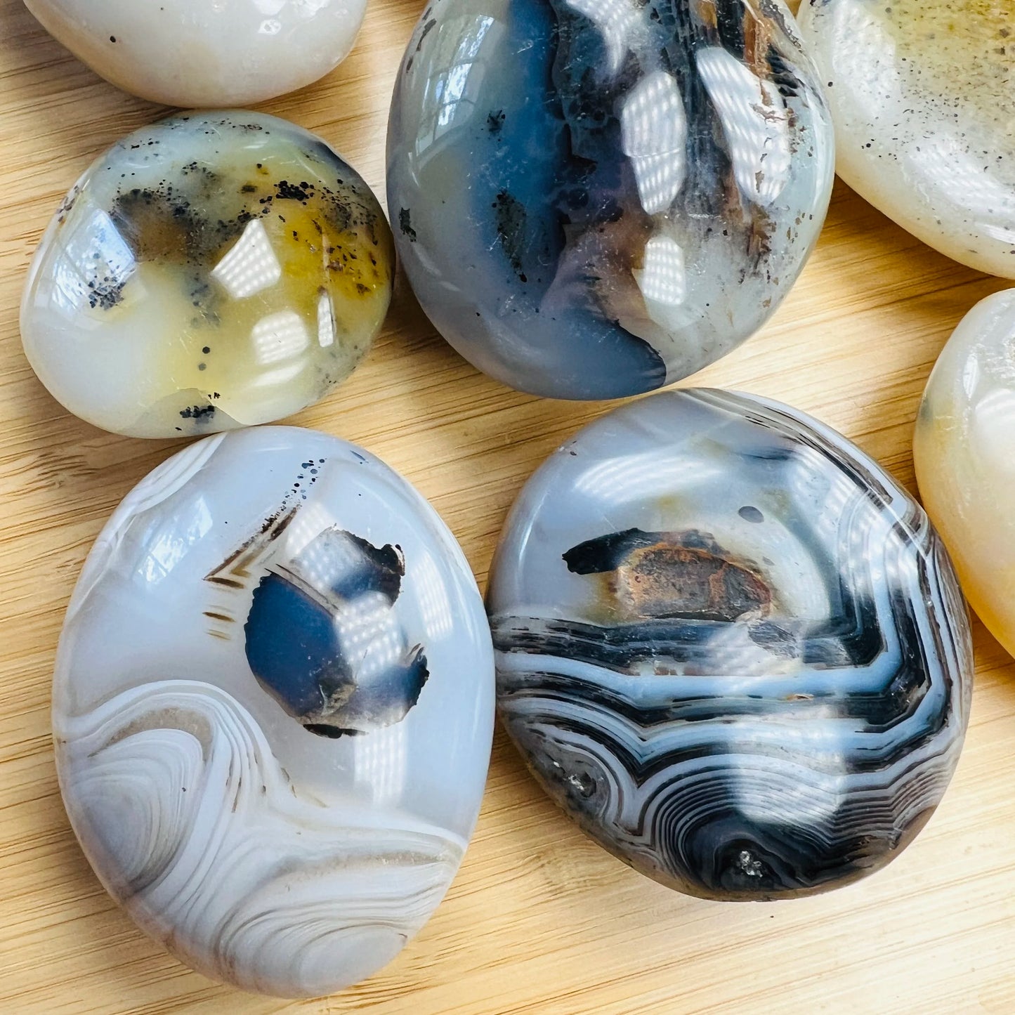 Detail shot showing Dendritic Agate palm stone, showing subtle veining.