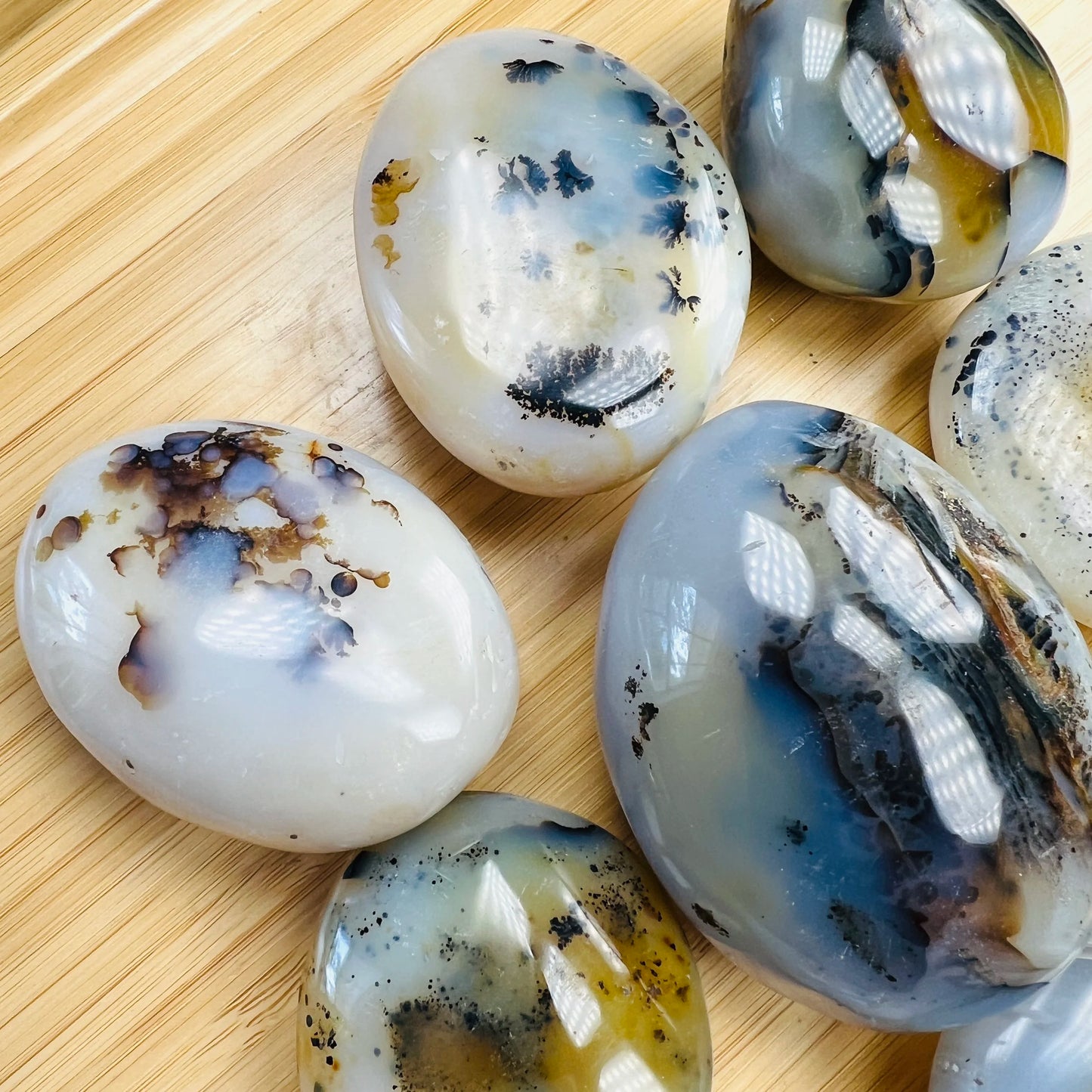 Profile shot of white Dendritic Agate palm stone, showing natural inclusions, linked to Grounding and Healing.
