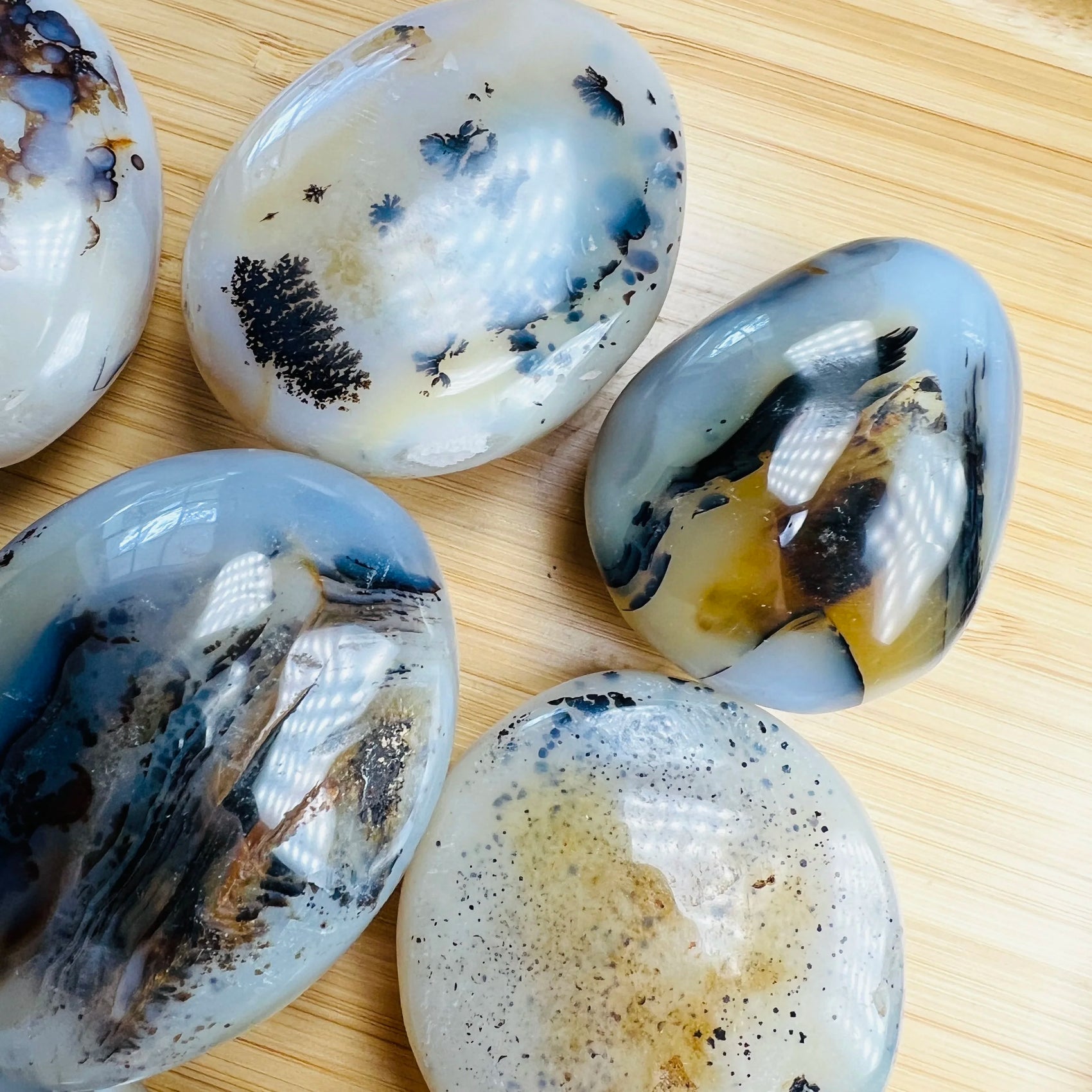 Opposite side of Dendritic Agate palm stone, sourced from Boeny, Madagascar, showing subtle veining.