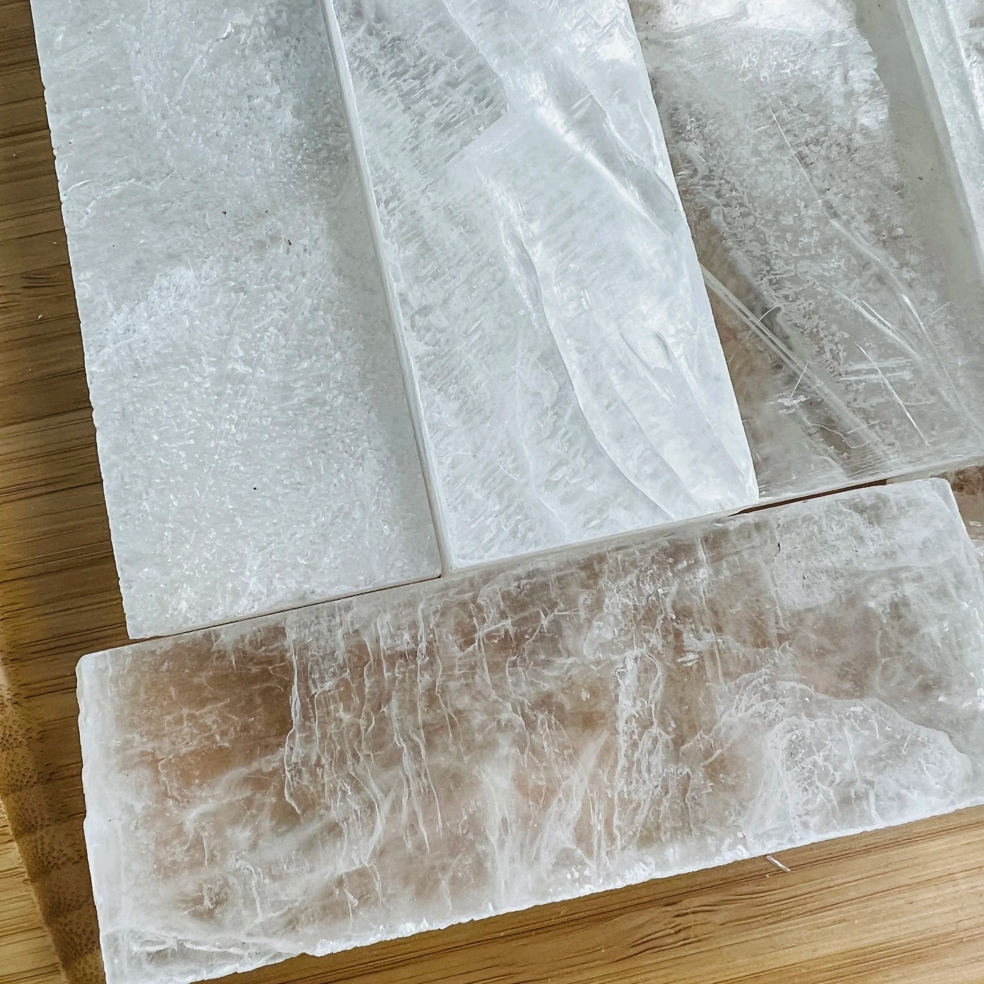 Full profile of Grade AAA Selenite raw crystals ready to ship from Beyond Bohemian
