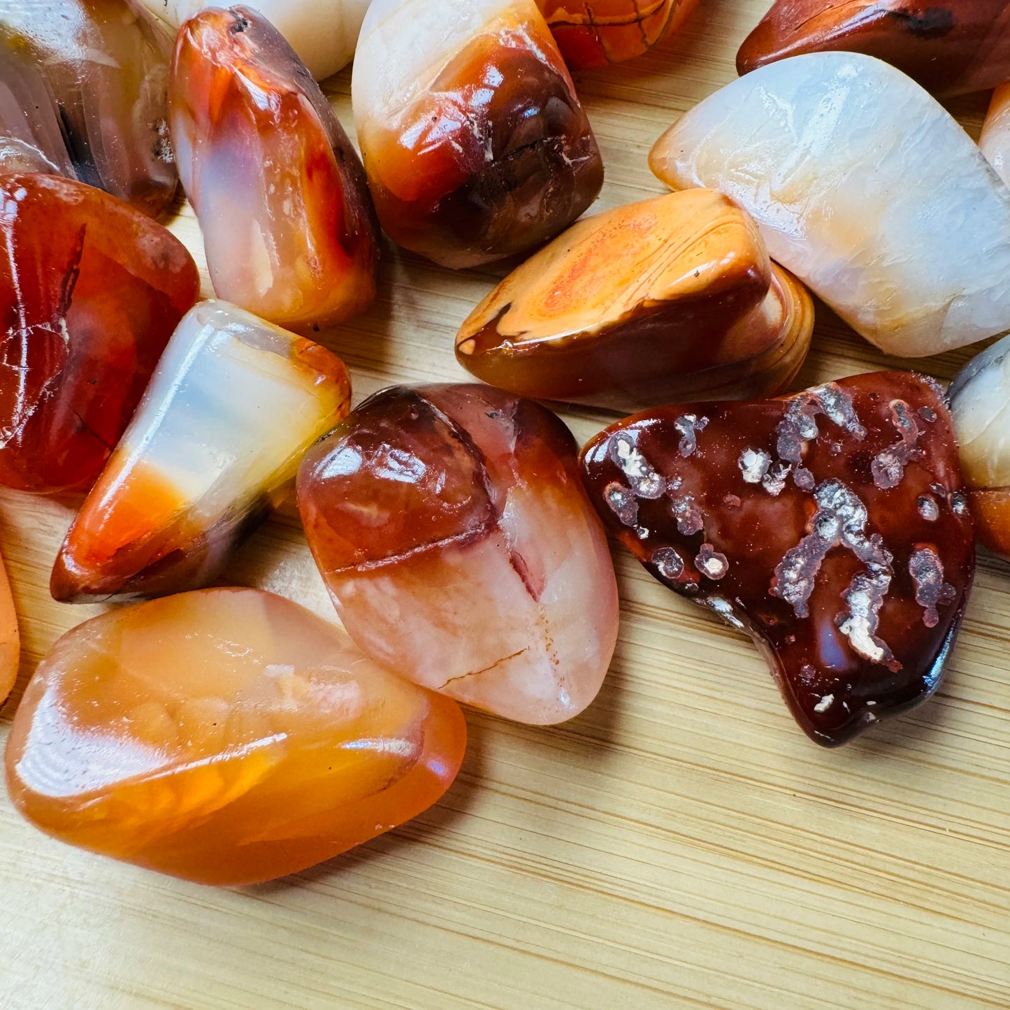 Full profile of Grade AA Carnelian tumbled stone ready to ship from Beyond Bohemian