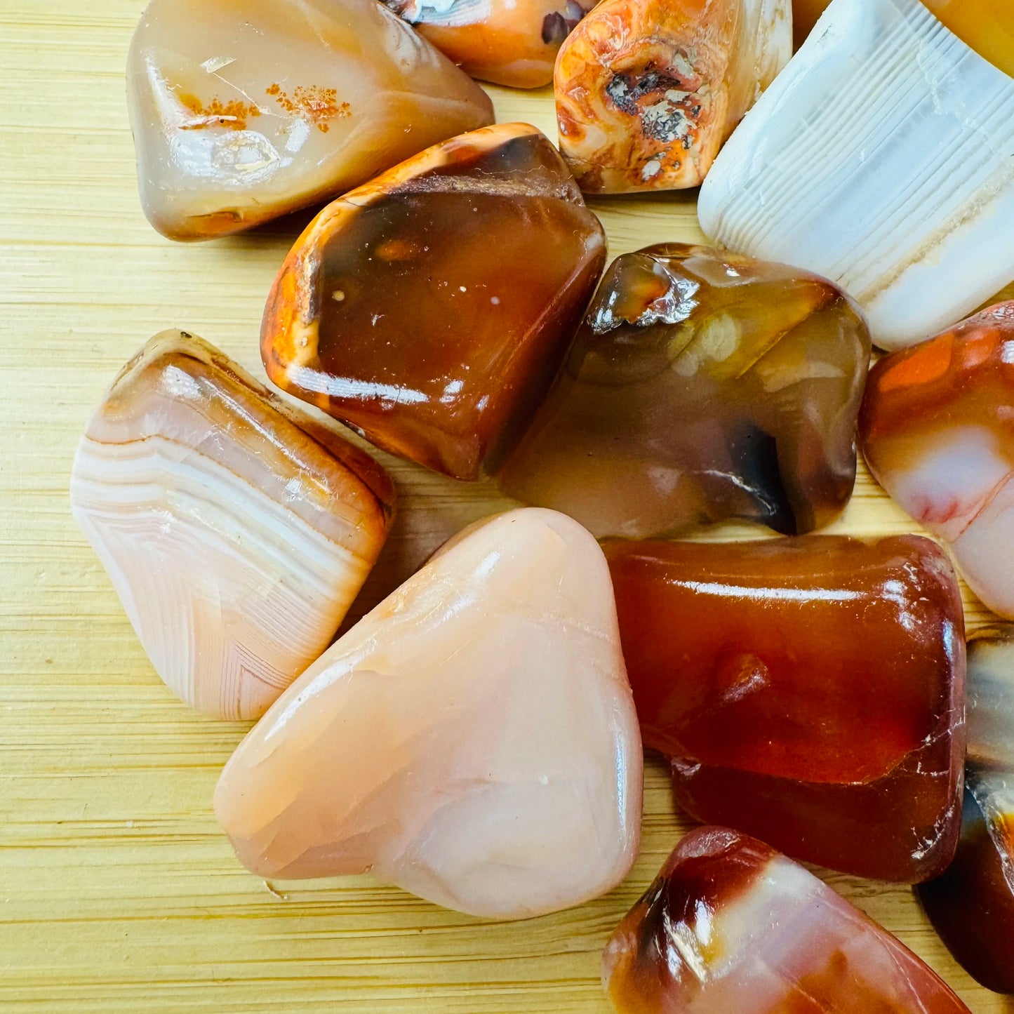 Full profile of Grade AA Carnelian tumbled stone ready to ship from Beyond Bohemian