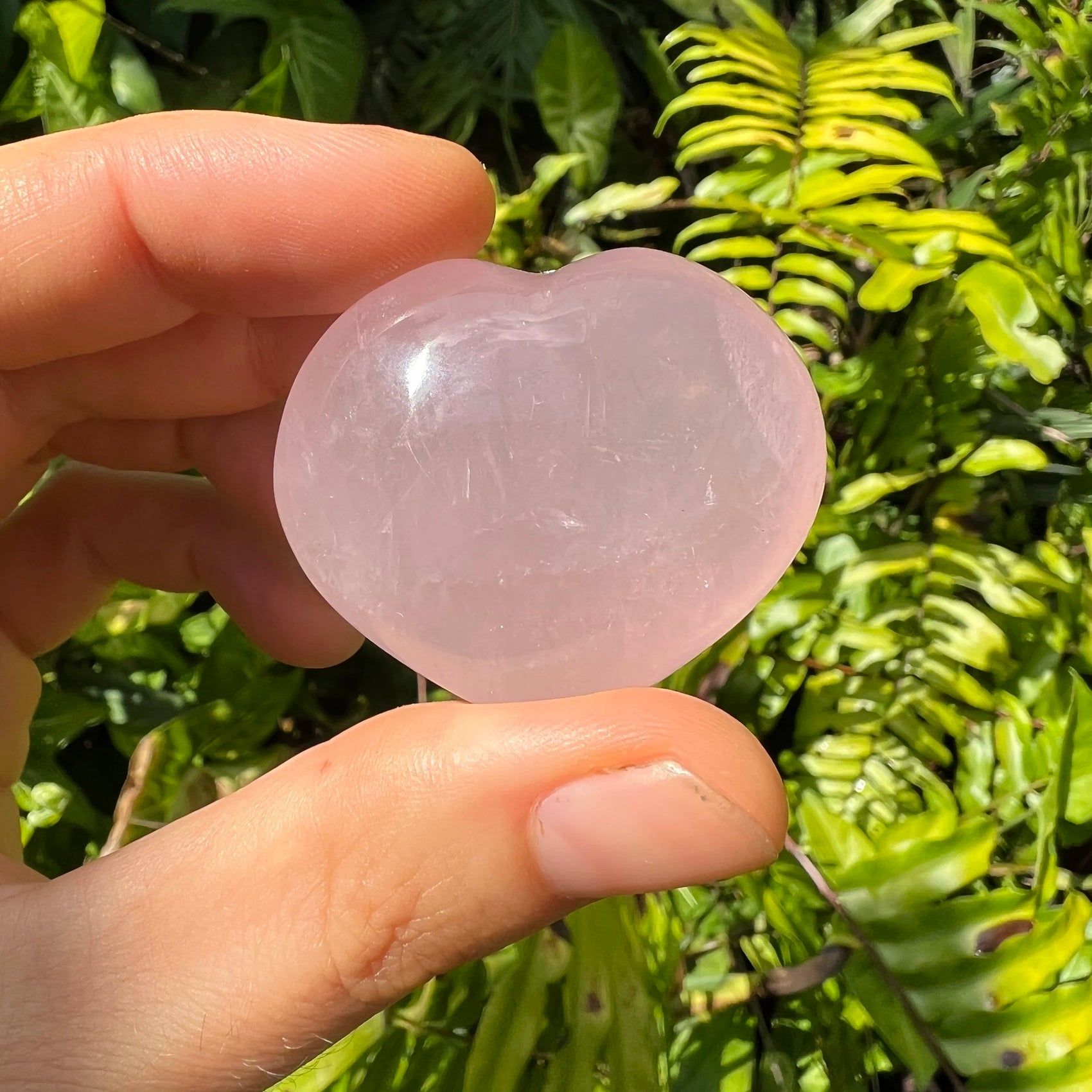 Looking down on Rose Quartz polished heart, sourced from Madagascar.