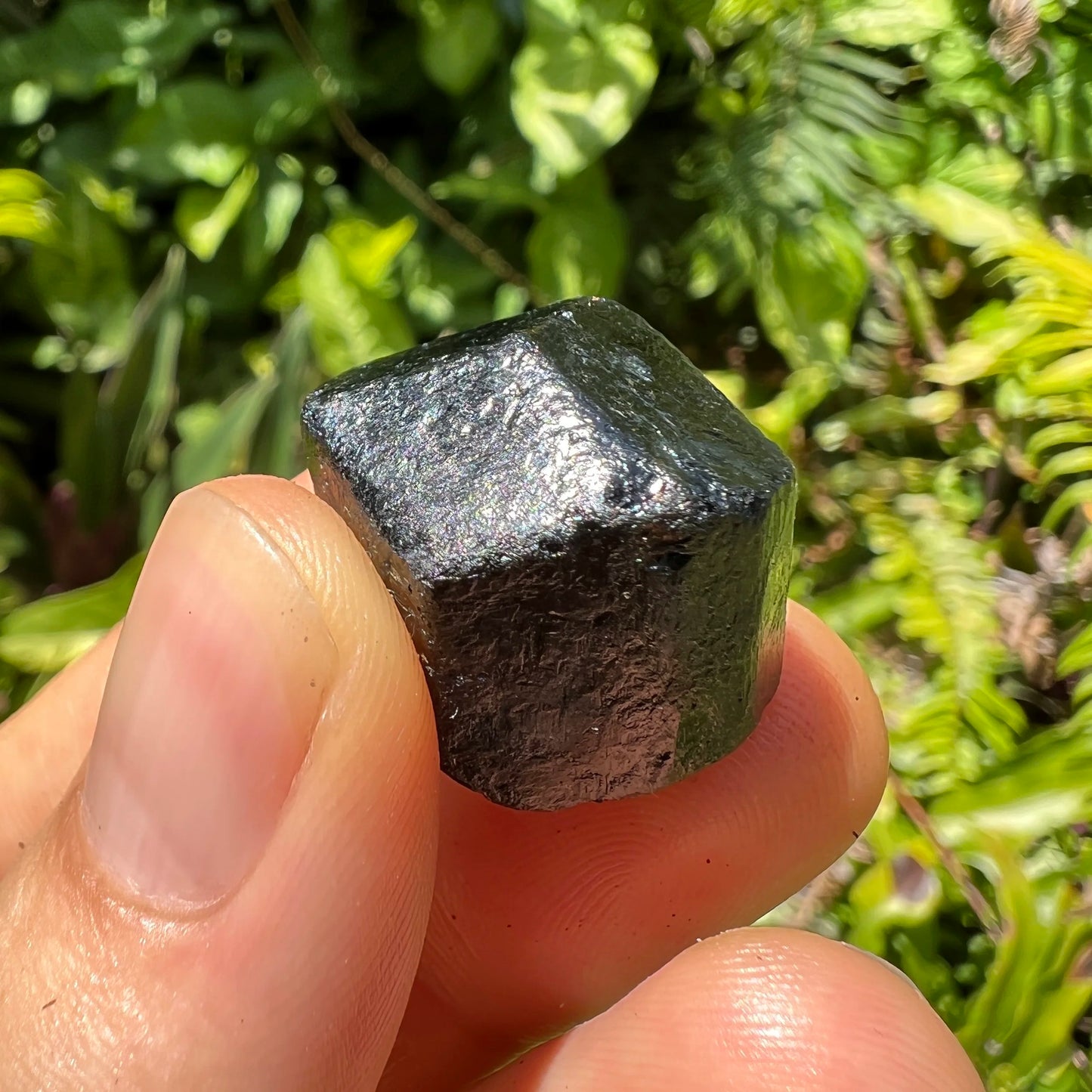 Grade a black tourmaline raw held in hand for size reference