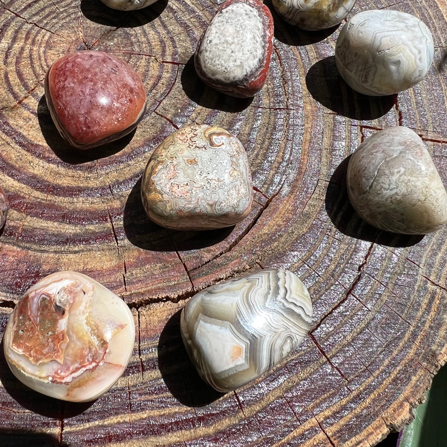 Full profile of Grade AA Crazy Lace Agate tumbled stone ready to ship from Beyond Bohemian