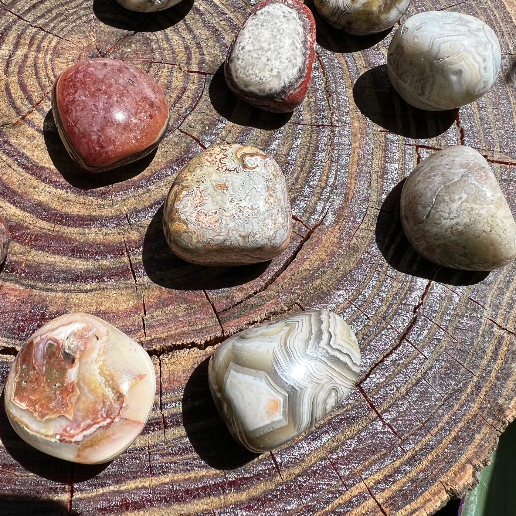 Full profile of Grade AA Crazy Lace Agate tumbled stone ready to ship from Beyond Bohemian