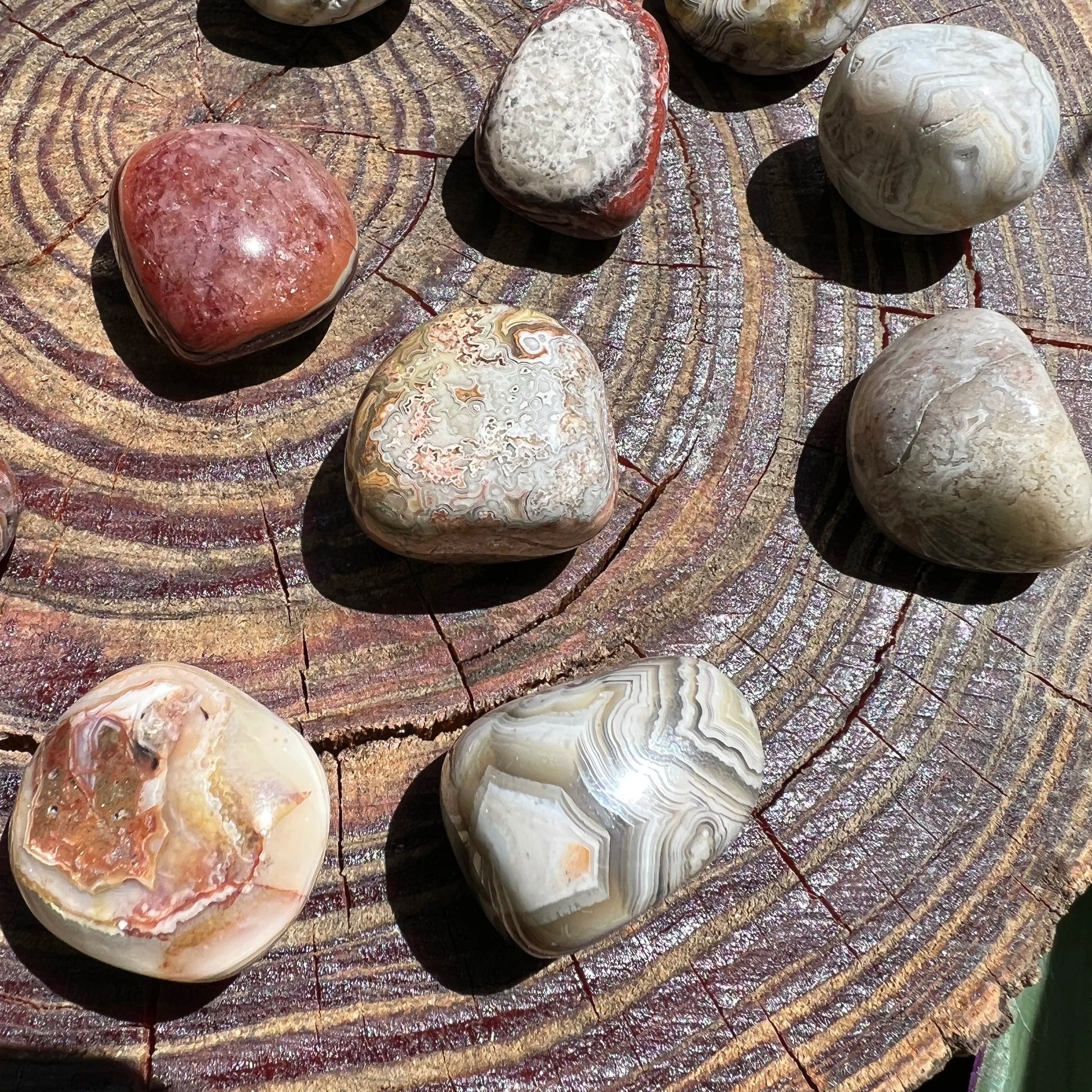 Full profile of Grade AA Crazy Lace Agate tumbled stone ready to ship from Beyond Bohemian