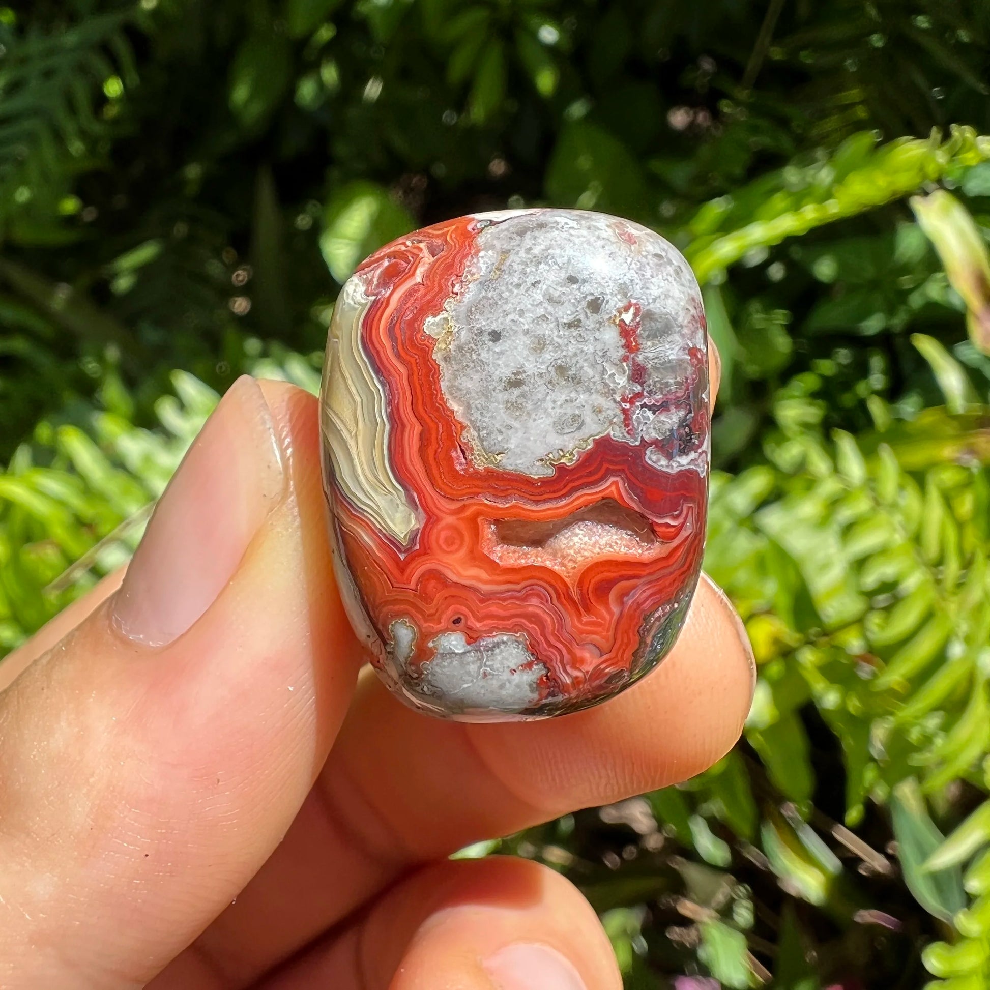 Side profile of Grade AA Crazy Lace Agate tumbled stone with natural form and inclusions