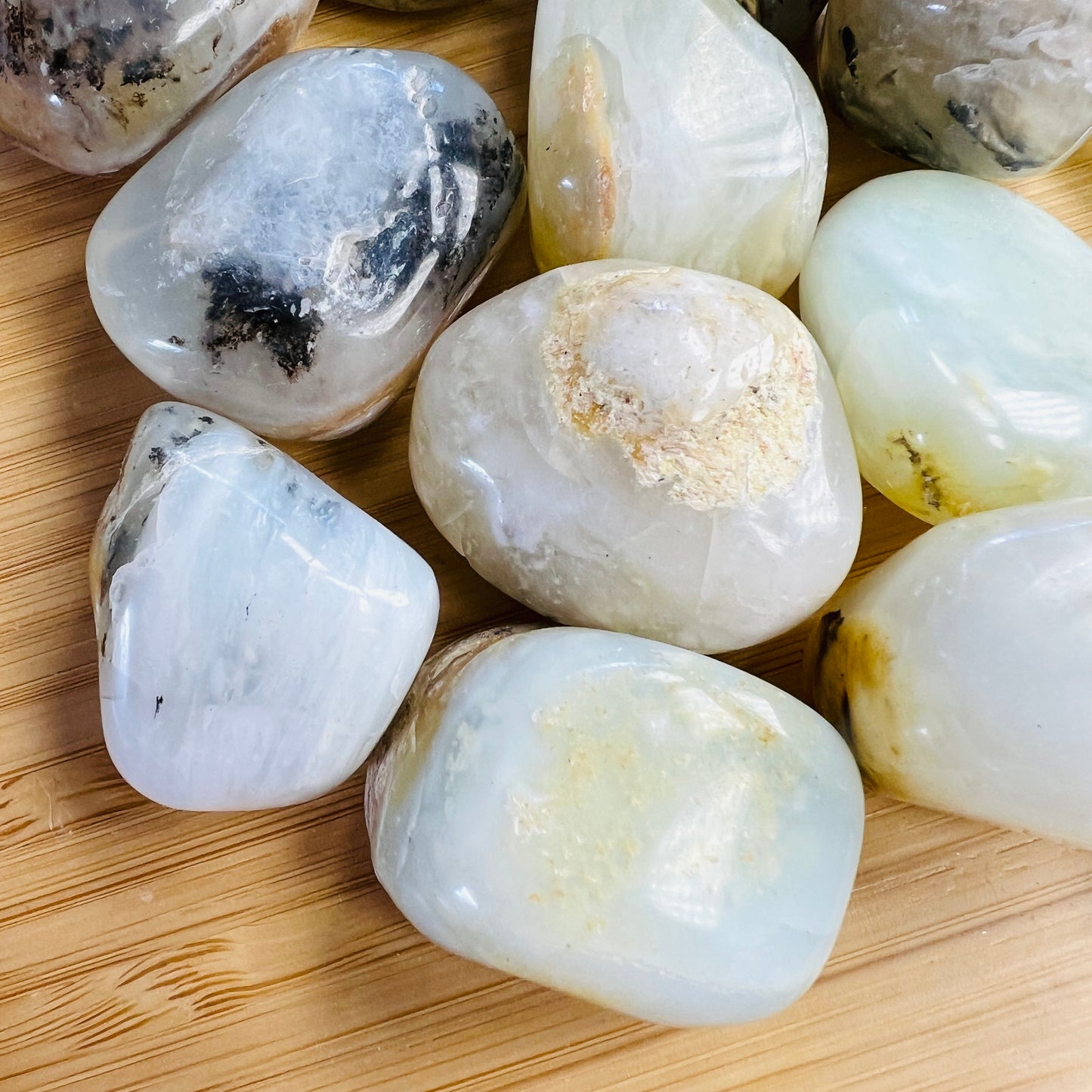 Full profile of Grade A Blue Opal tumbled stone ready to ship from Beyond Bohemian