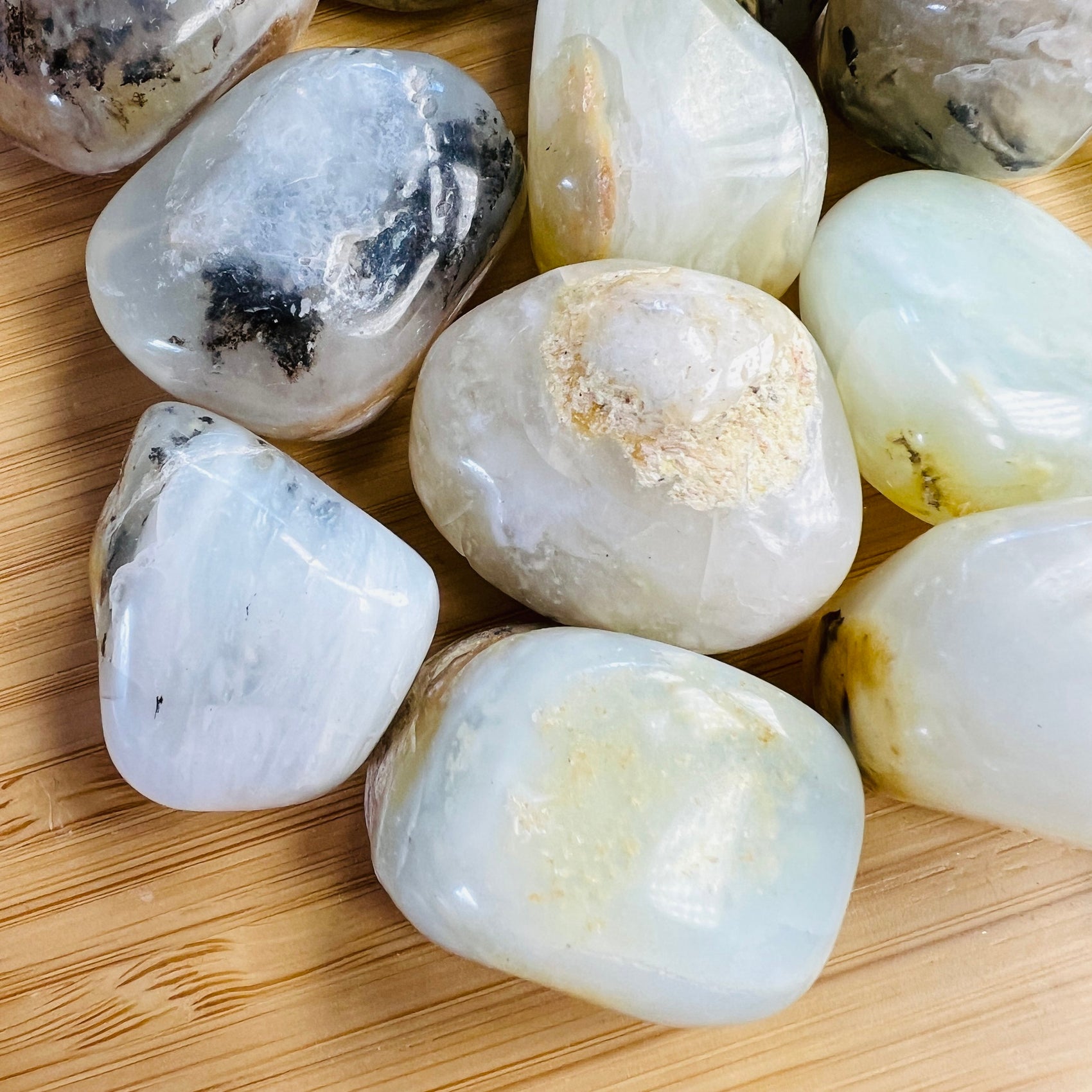 Full profile of Grade A Blue Opal tumbled stone ready to ship from Beyond Bohemian