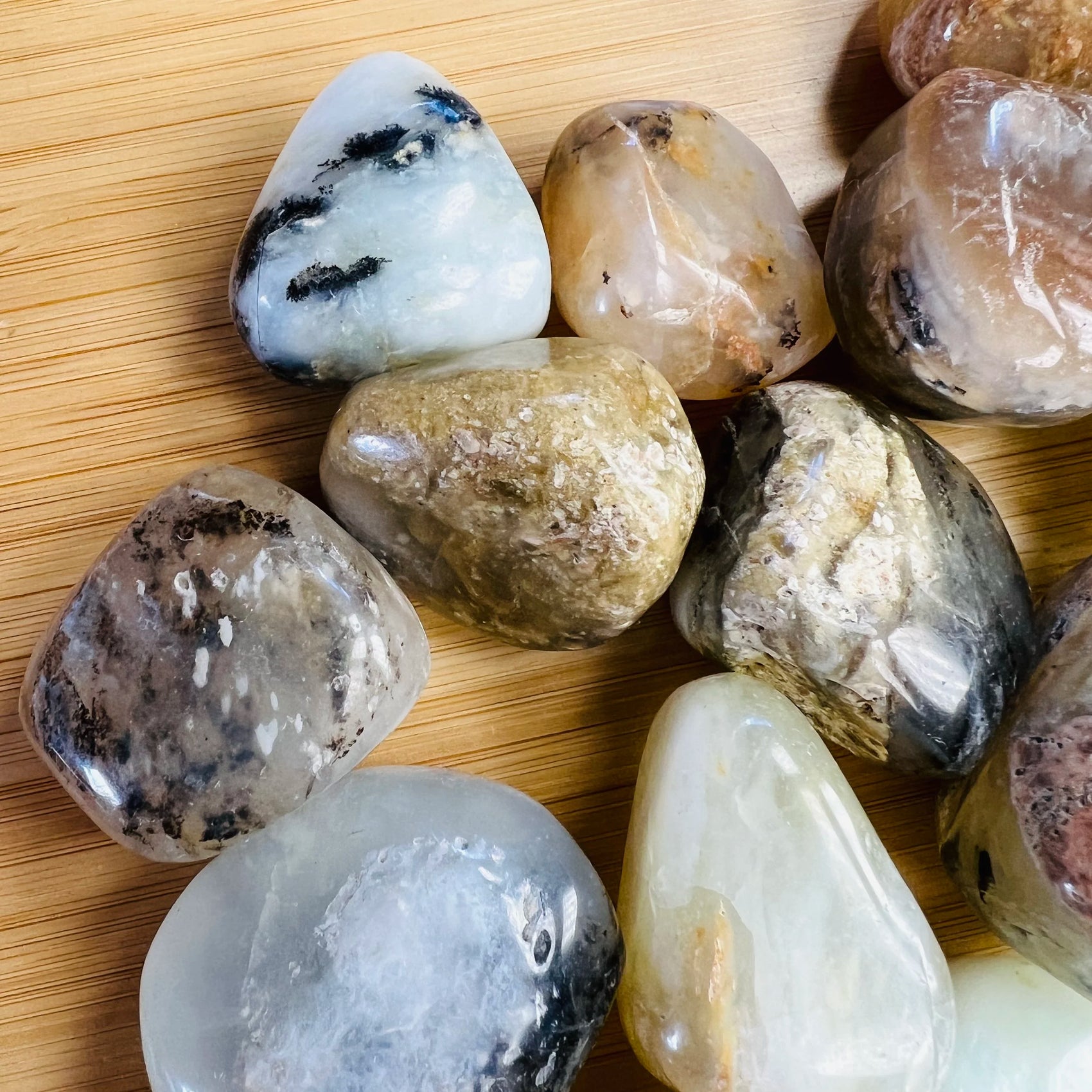Full profile of Grade A Blue Opal tumbled stone ready to ship from Beyond Bohemian