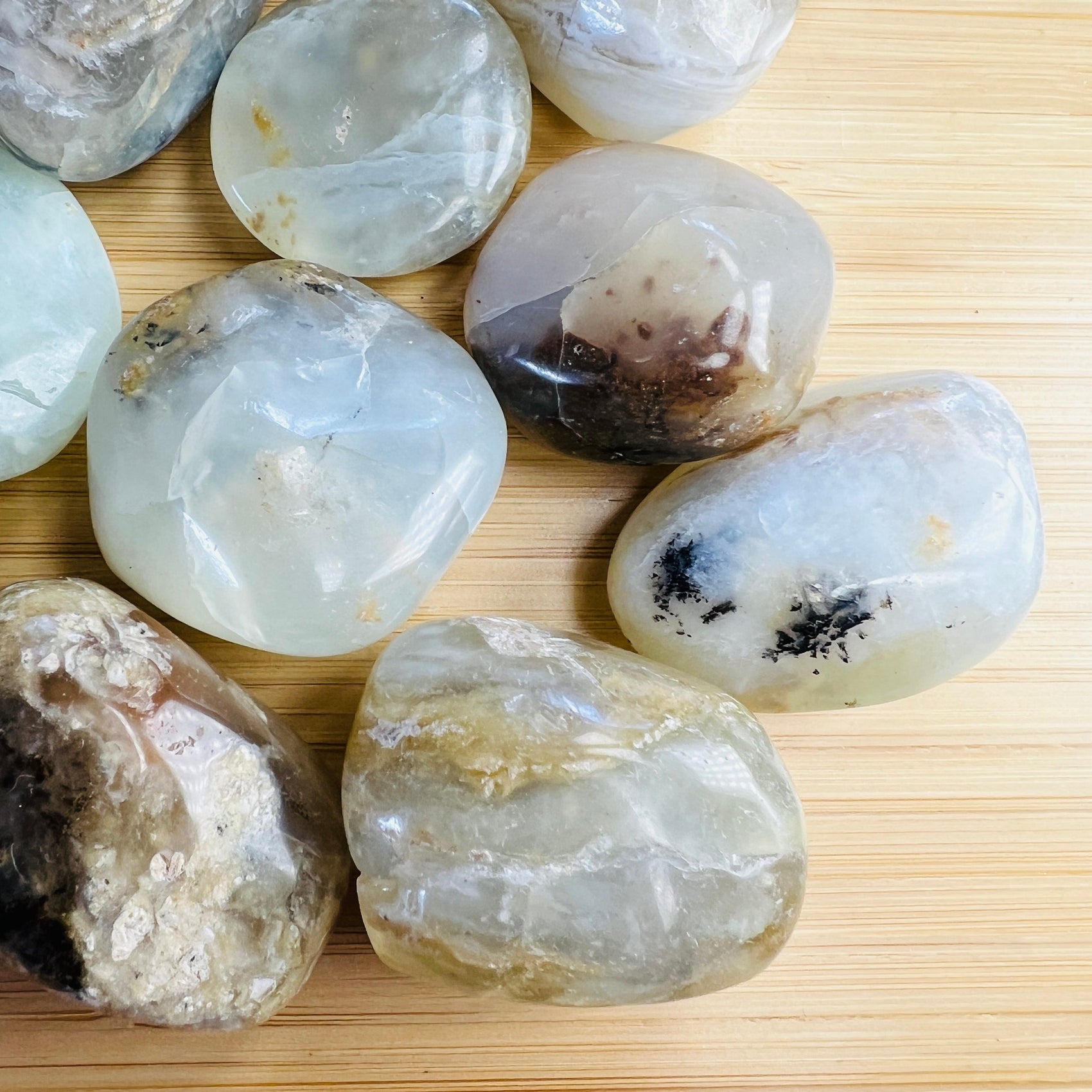 Full profile of Grade A Blue Opal tumbled stone ready to ship from Beyond Bohemian