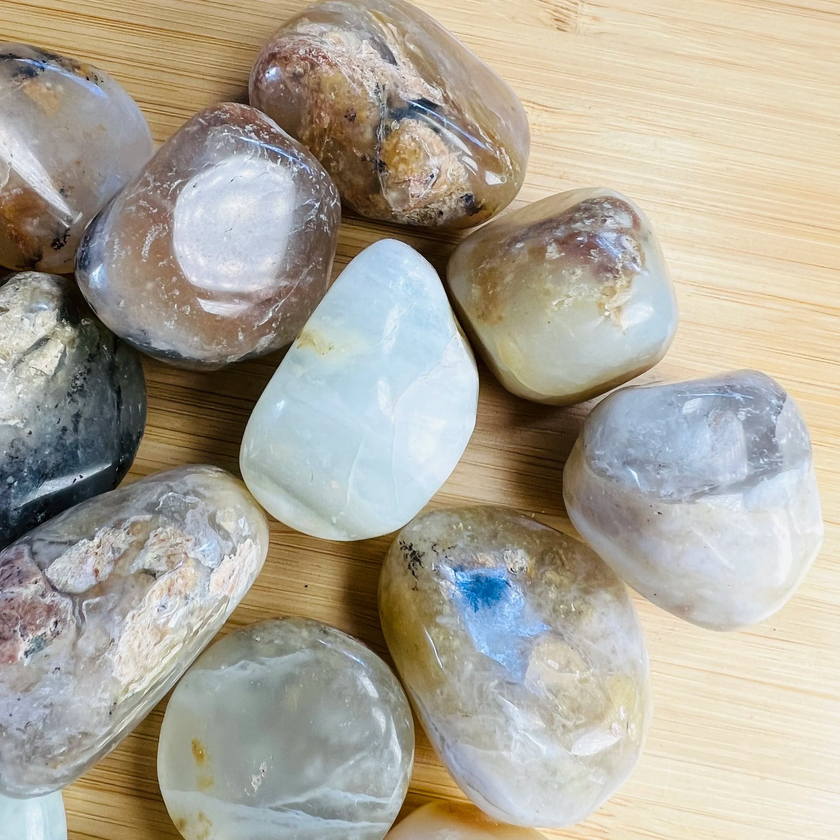 Full profile of Grade A Blue Opal tumbled stone ready to ship from Beyond Bohemian