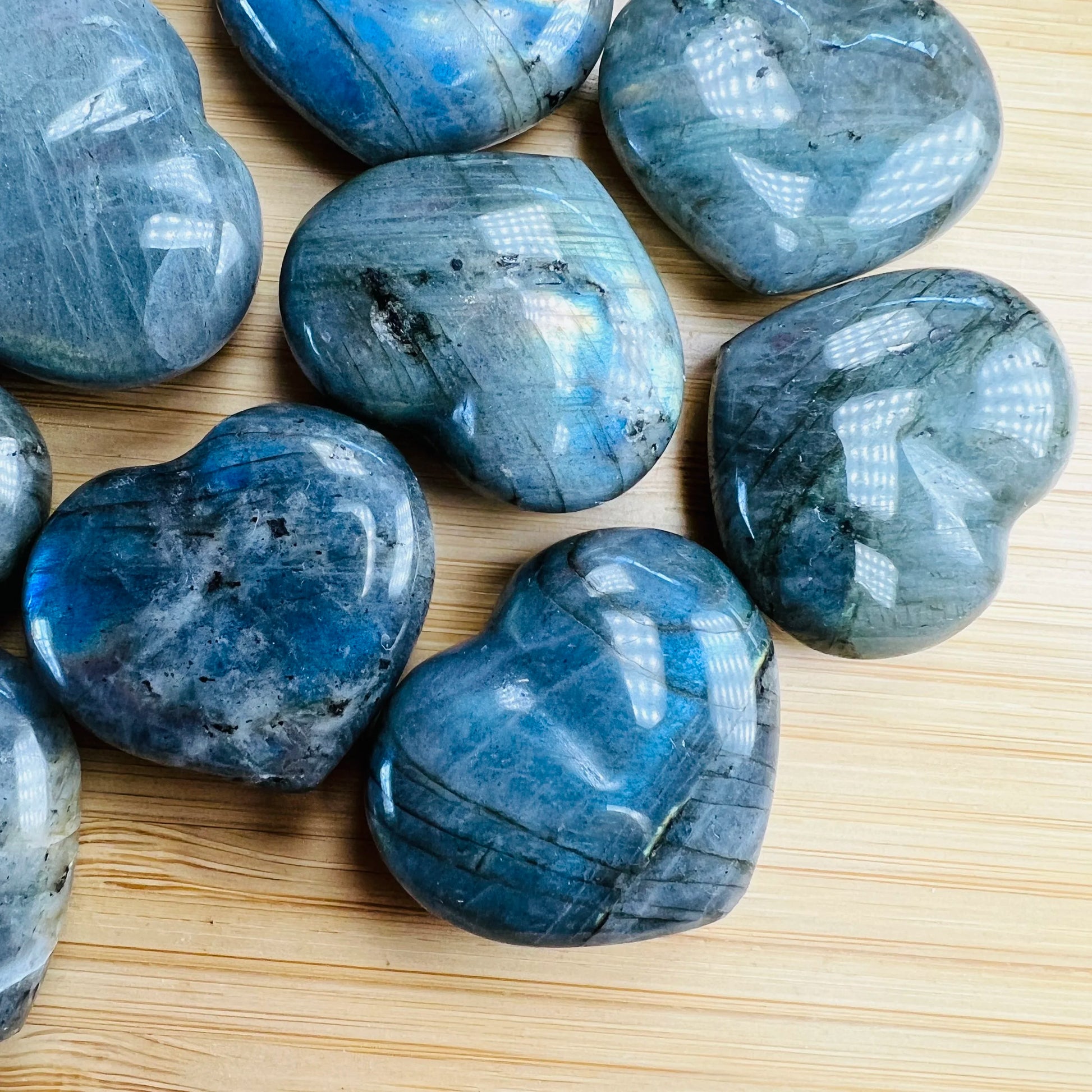 Plan view of Labradorite polished heart, linked to Intuition and Protection, from Atsimo-Andrefana, Madagascar.