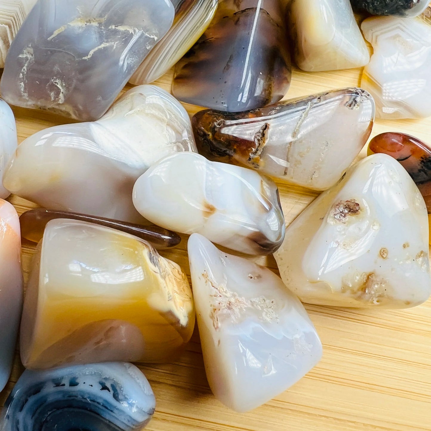 Detail capture of Dendritic Agate tumbled stone, showing natural variation.