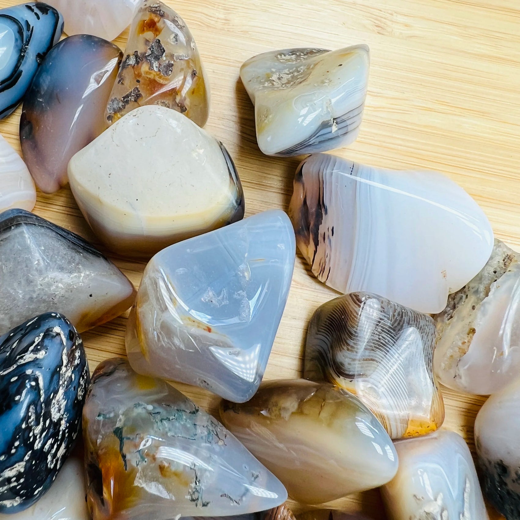 Profile shot of Dendritic Agate tumbled stone, showing natural variation, linked to Grounding.