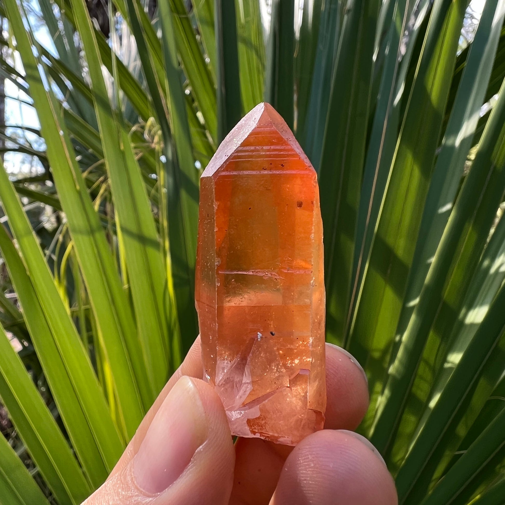 Close-up of Tangerine Quartz raw point, showing honest grain, from Brazil.