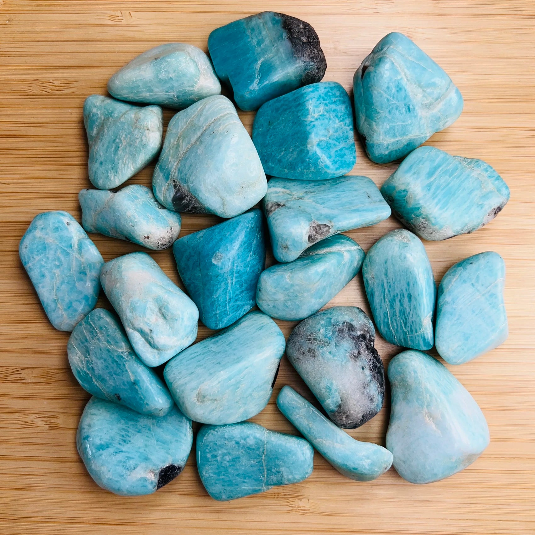 Ethically sourced Grade AA Amazonite tumbled stone from Amboasitra, Madagascar at Beyond Bohemian