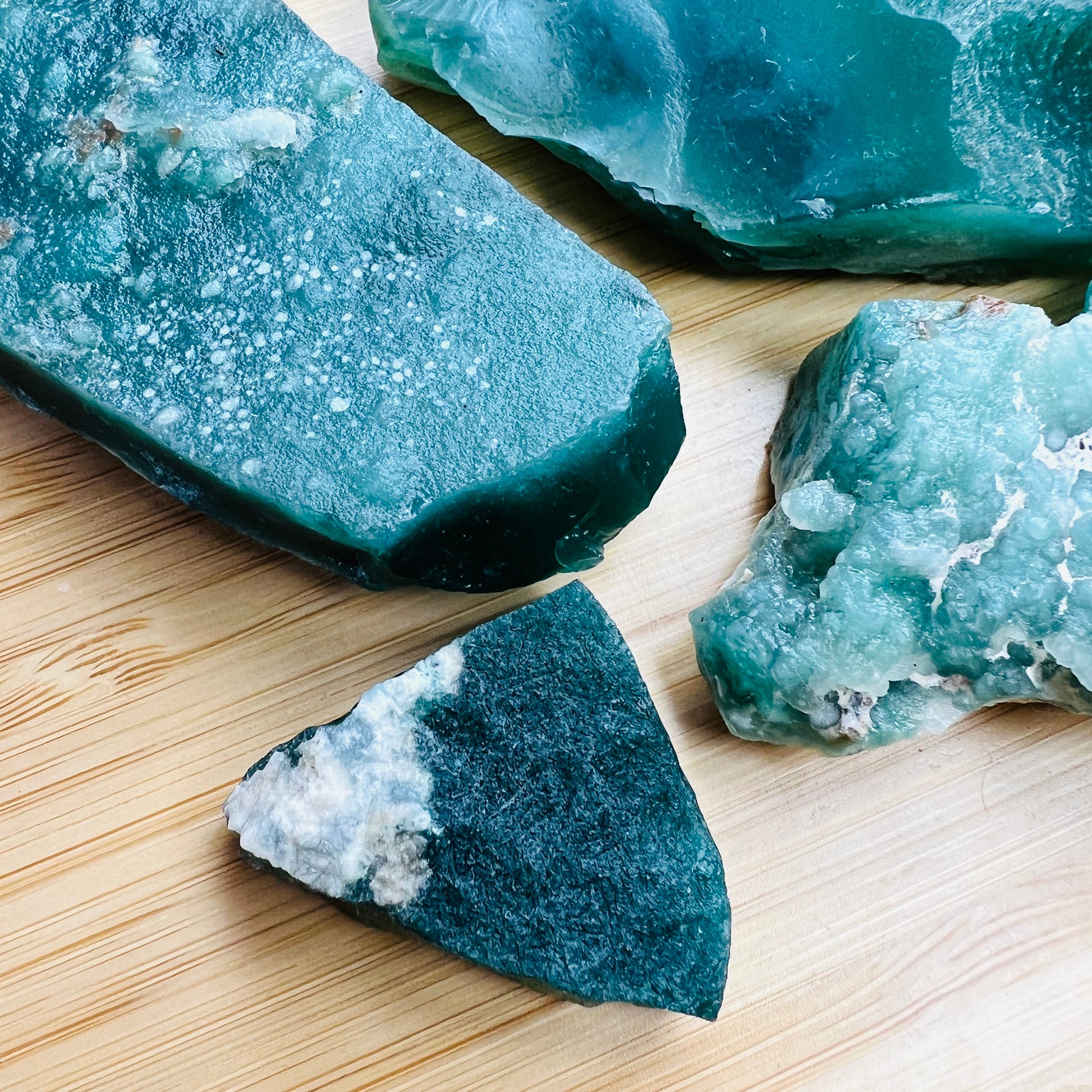 Top-side view of Grade A Chalcedony raw stone, to support Stress Relief, showing characteristic color.