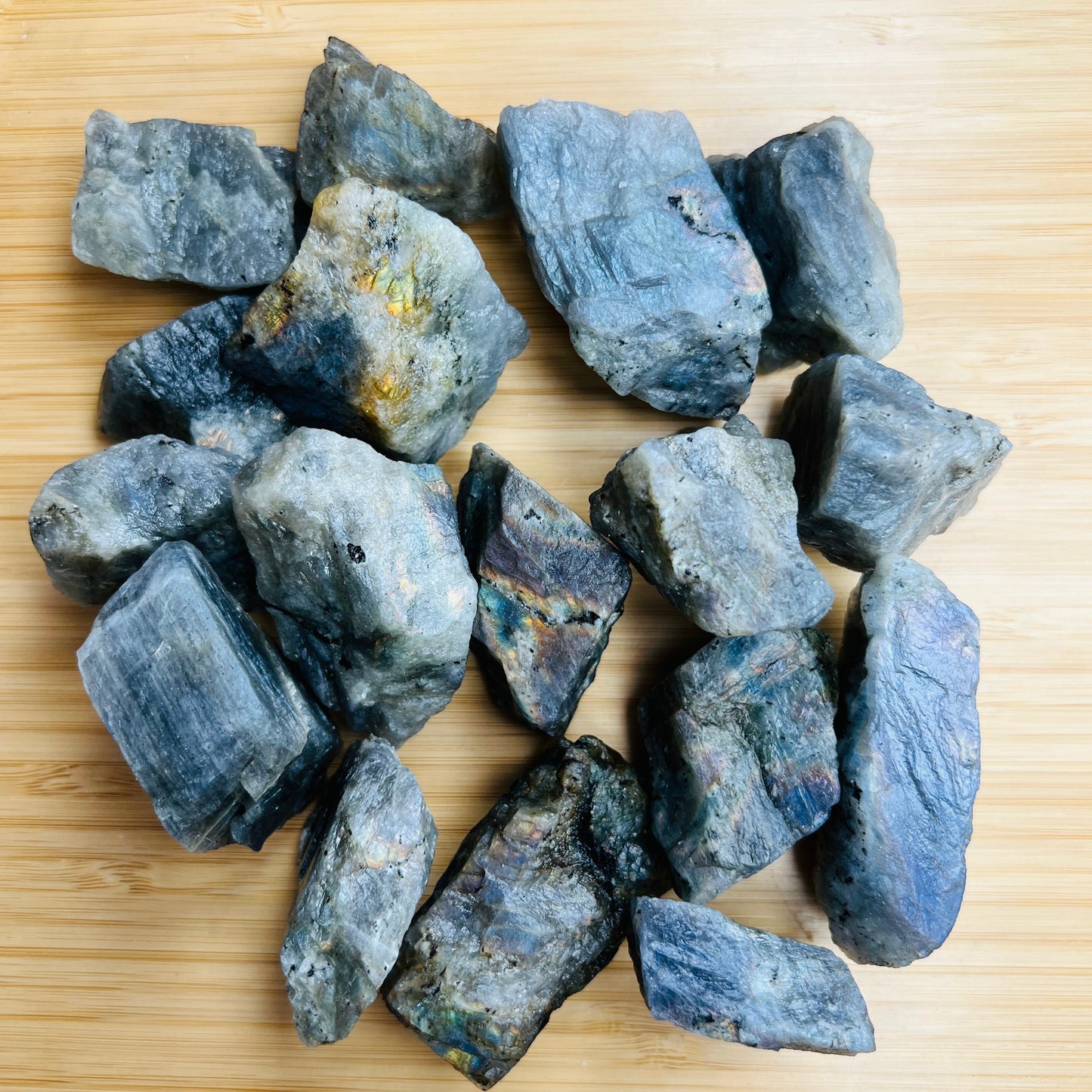 Macro view of Labradorite raw stone, hand-selected from Atsimo-Andrefana, Madagascar, associated with Intuition and Protection.