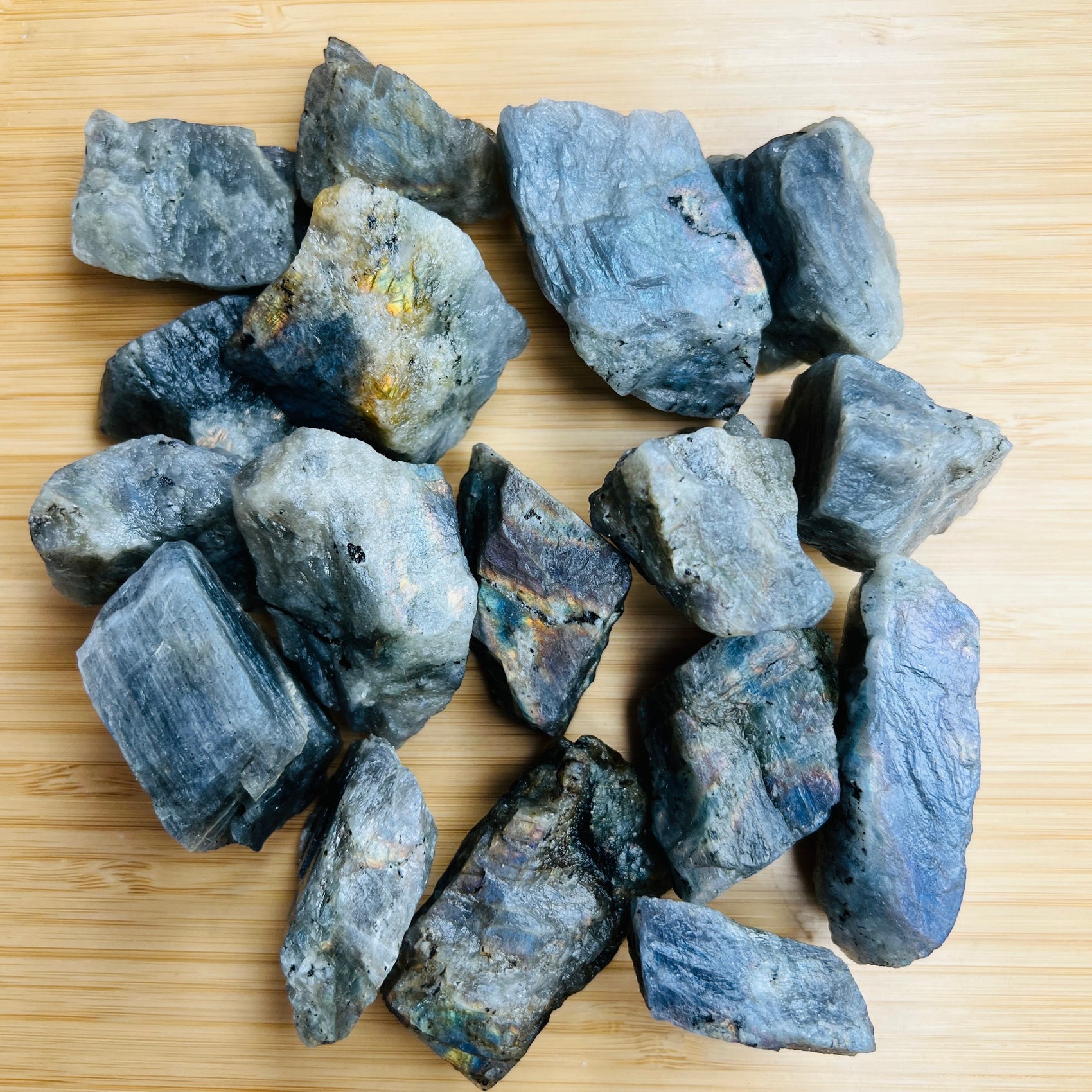 Macro view of Labradorite raw stone, hand-selected from Atsimo-Andrefana, Madagascar, associated with Intuition and Protection.