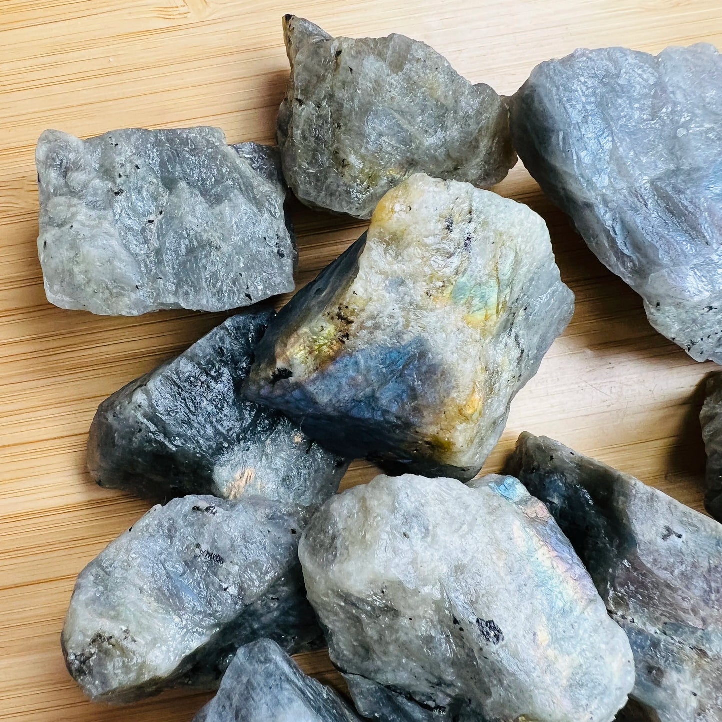 Alternate angle of gray Labradorite raw stone, from Atsimo-Andrefana, Madagascar, showing natural color depth.