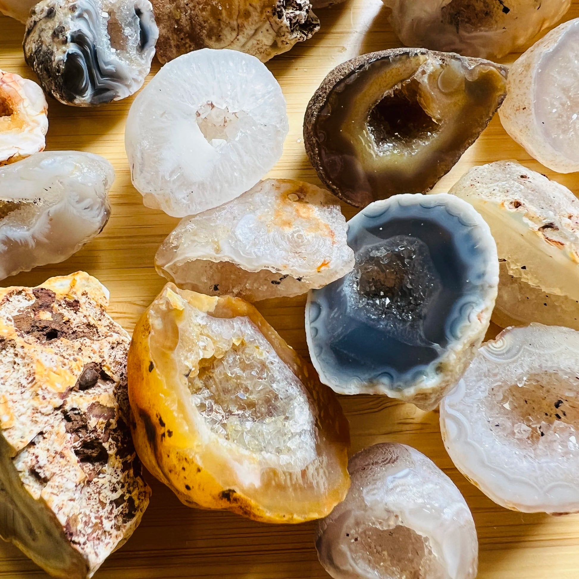 Texture-level view of multicolored Agate raw geode, showing characteristic patterning.