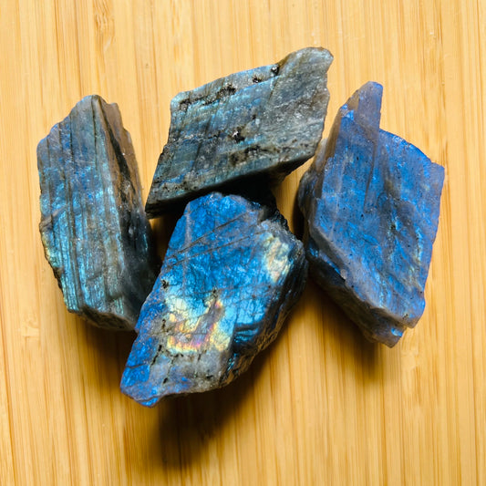 Close-up of Labradorite raw stone from Madagascar, soothing wellness stone for Protection