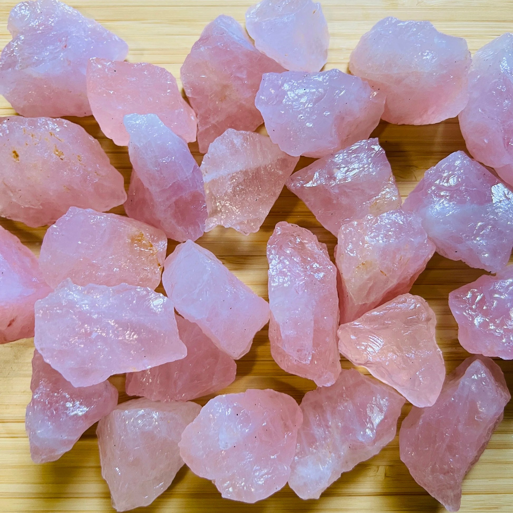 Full profile of Grade AA Rose Quartz raw ready to ship from Beyond Bohemian