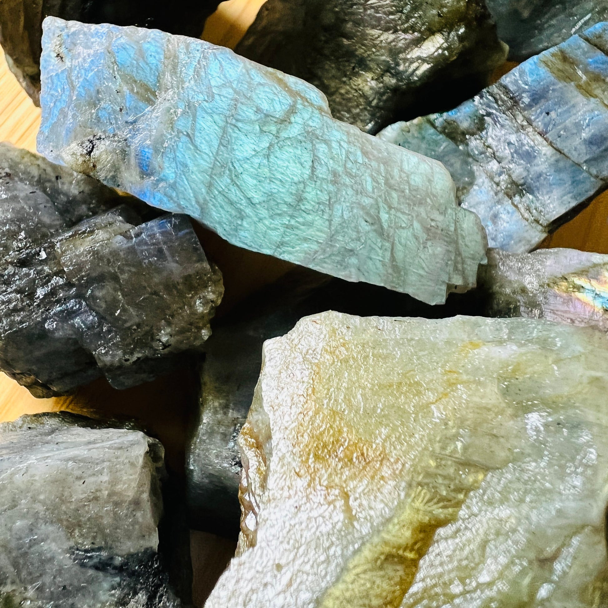 Full profile of Grade AA Labradorite raw ready to ship from Beyond Bohemian