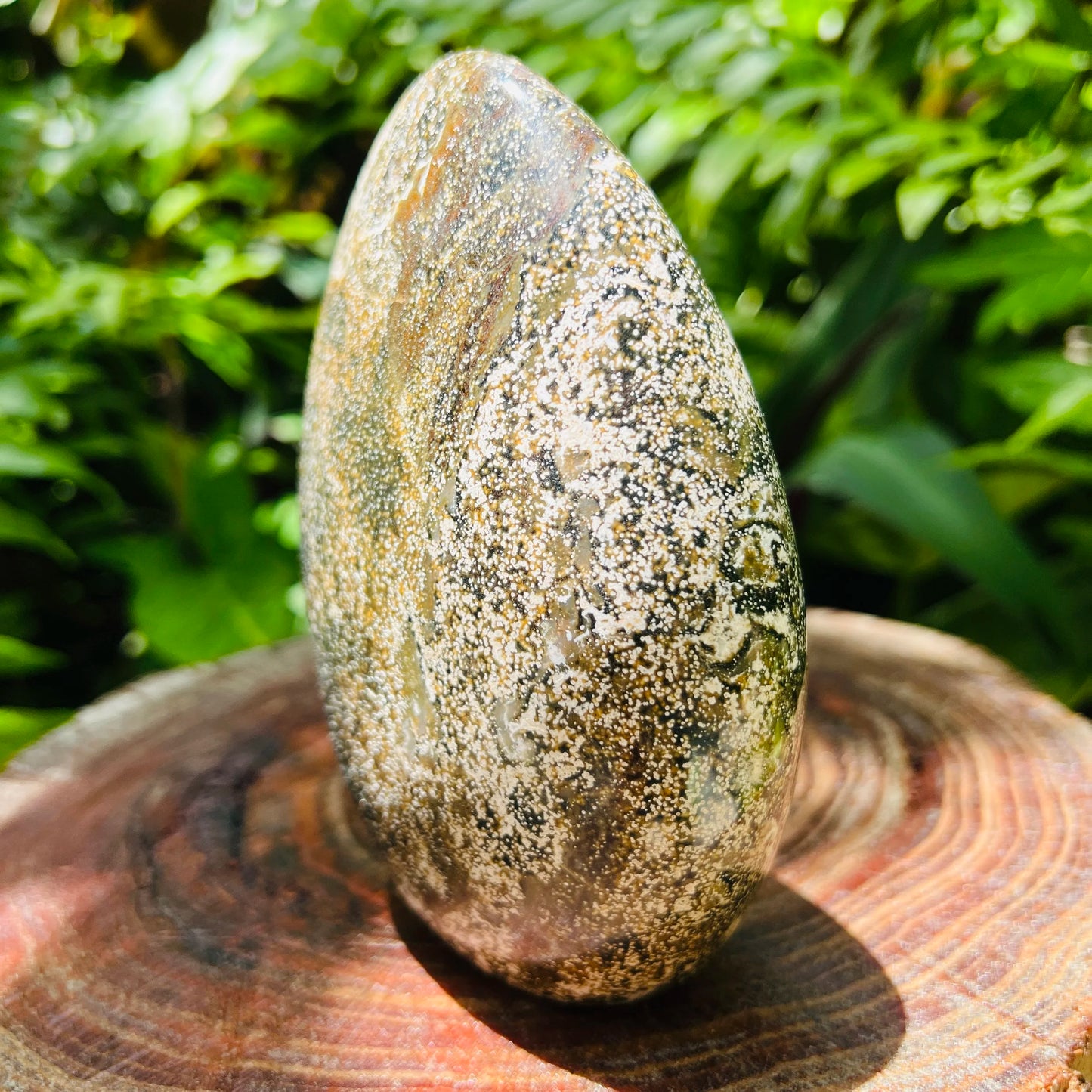 Edge-on view of Ocean Jasper freeform, often worked with for Emotional Healing, sourced from Madagascar.