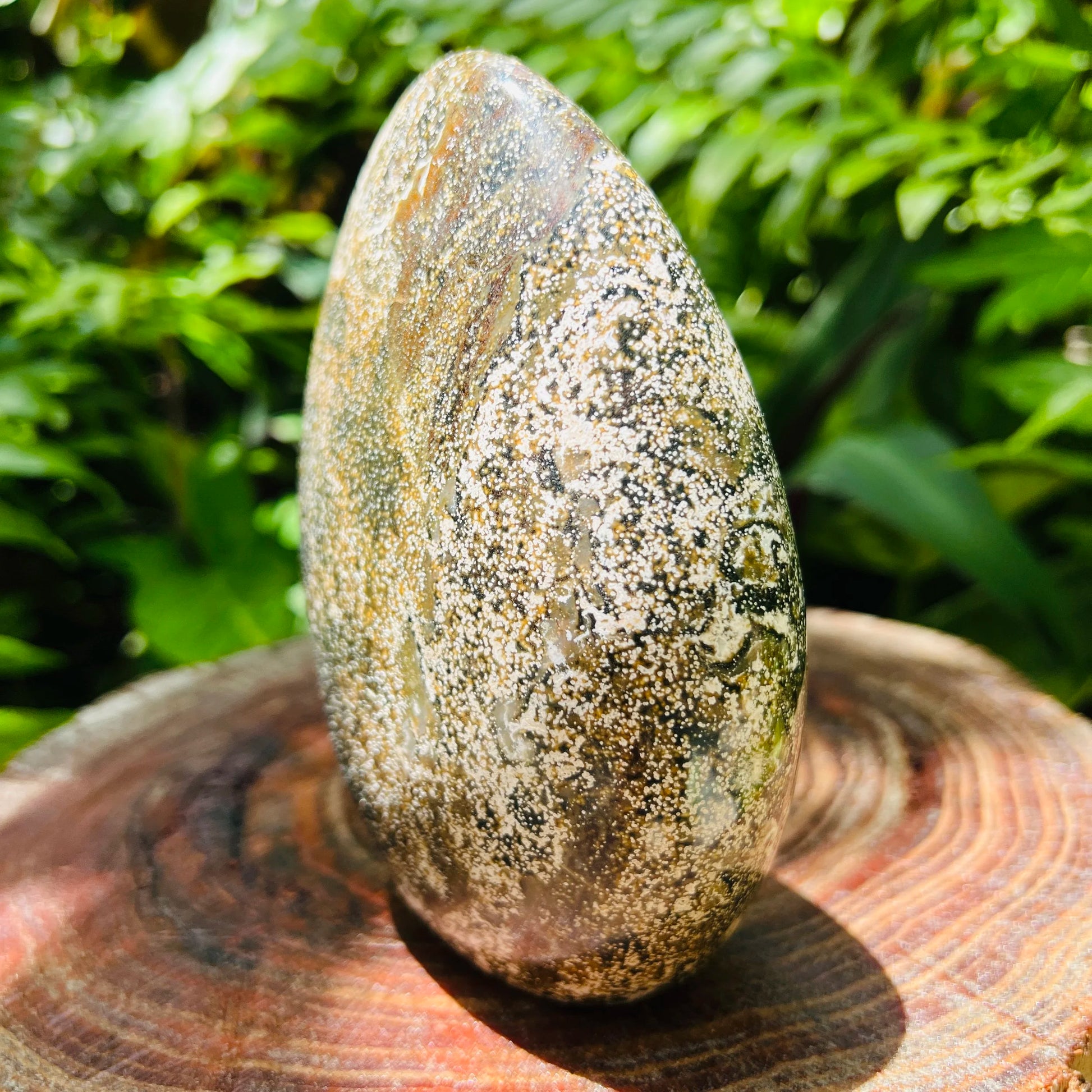 Edge-on view of Ocean Jasper freeform, often worked with for Emotional Healing, sourced from Madagascar.