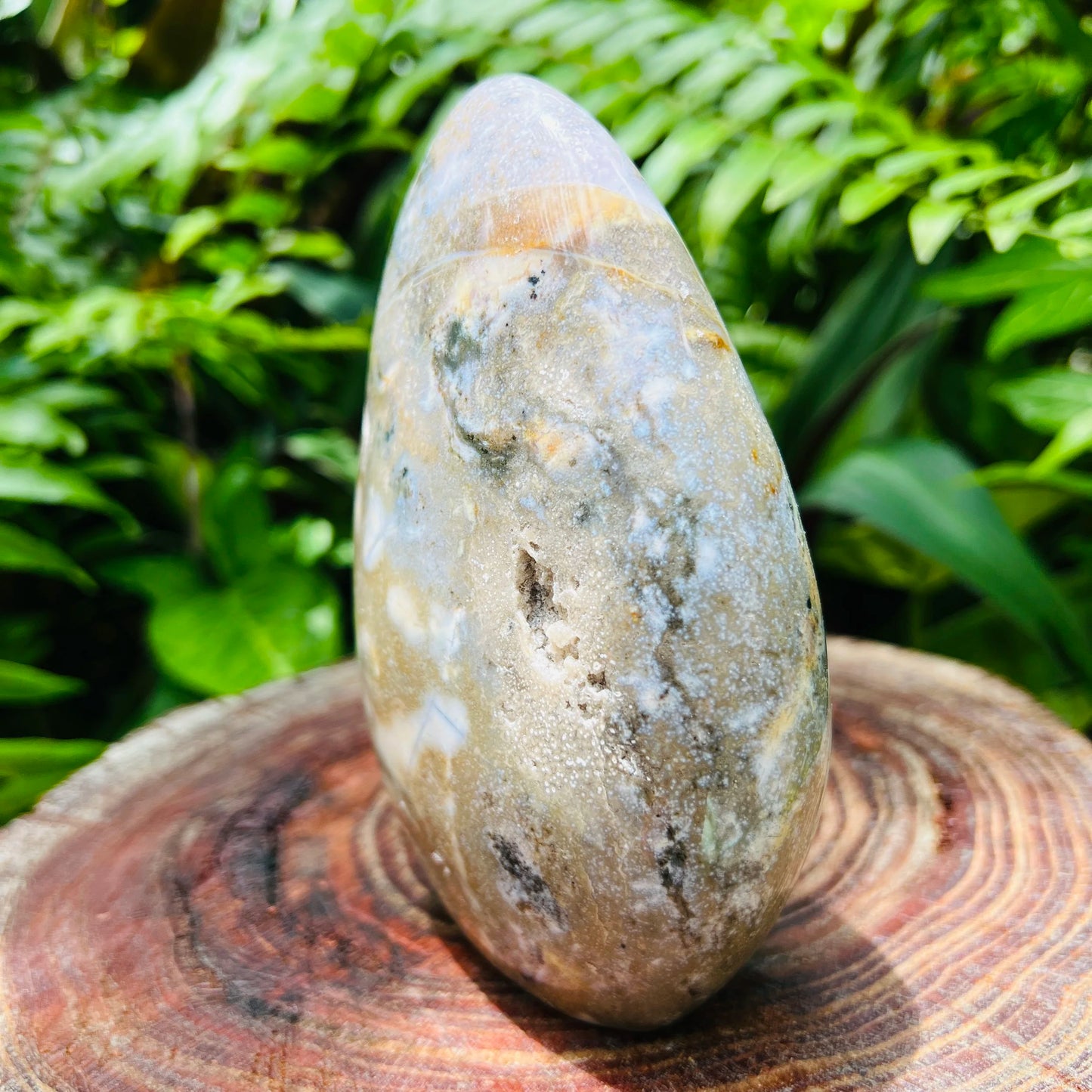 Side profile of Grade A Ocean Jasper freeform, sourced from Sofia, Madagascar, showing characteristic color.