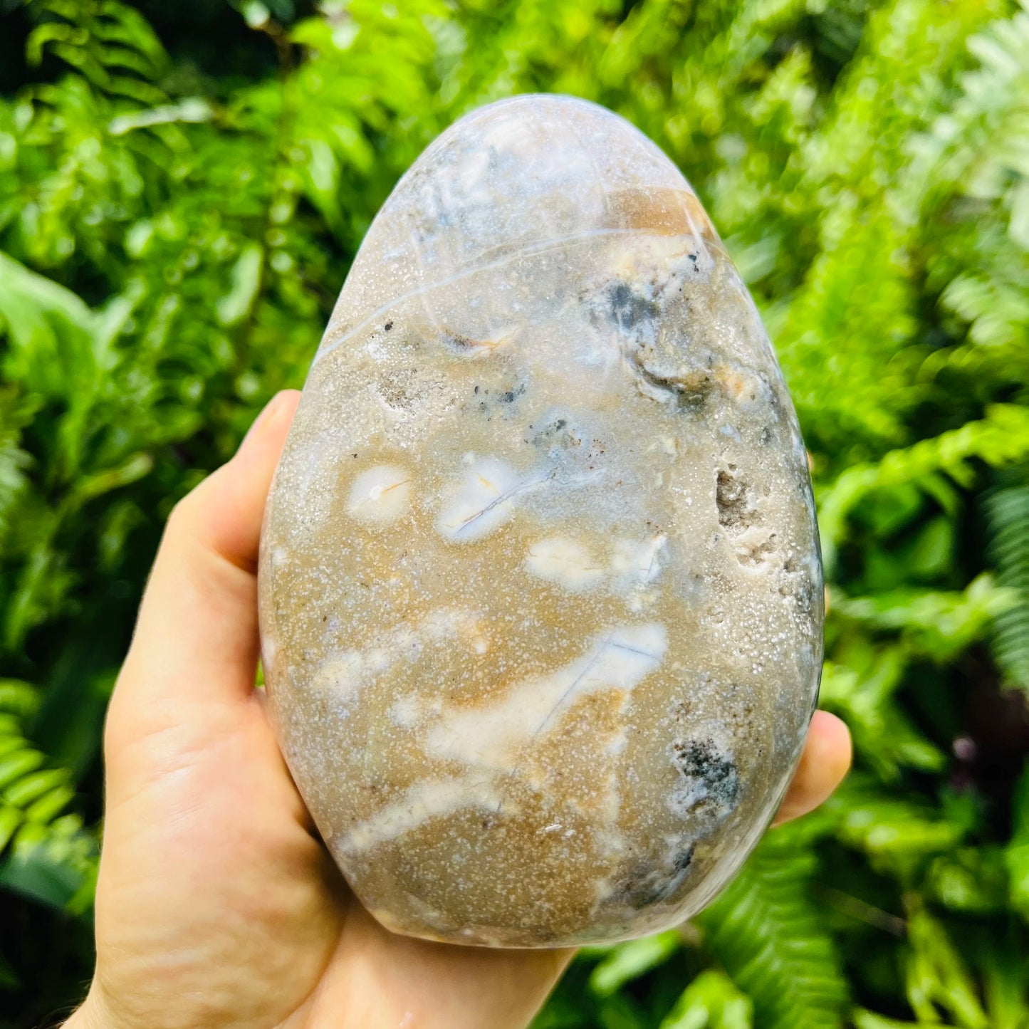 Held in hand, a Ocean Jasper freeform held against natural backdrop.