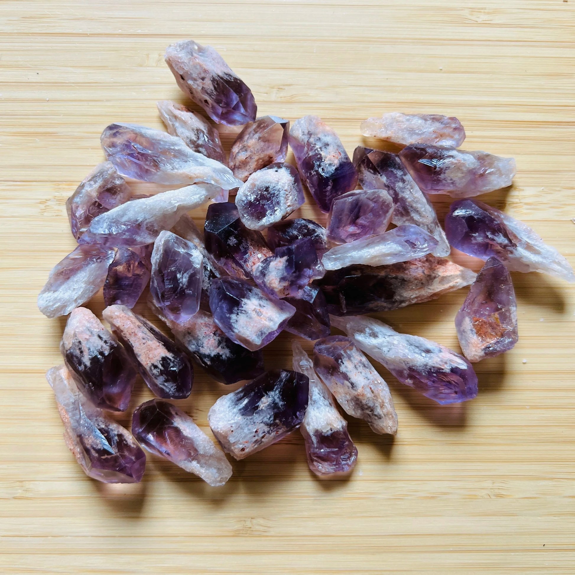 Looking down on purple Amethyst raw point, sourced from Southern Province, Zambia.
